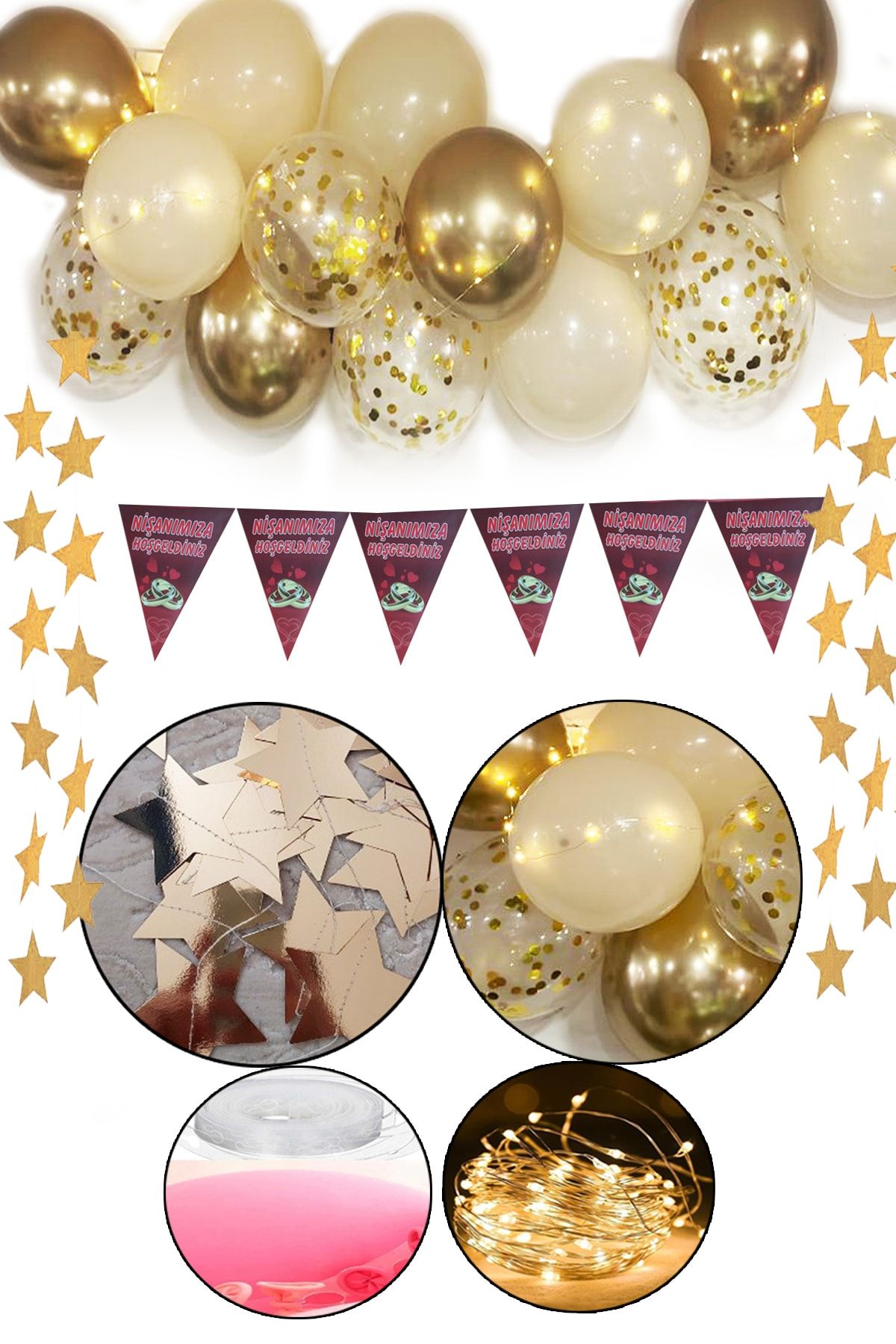 Parti Dolabı Gold Krom Pullu Ledli Nişan Süsleme Işıklı Dekoratif Zincir Balon Nişan Oda Mekan Süsleme Seti