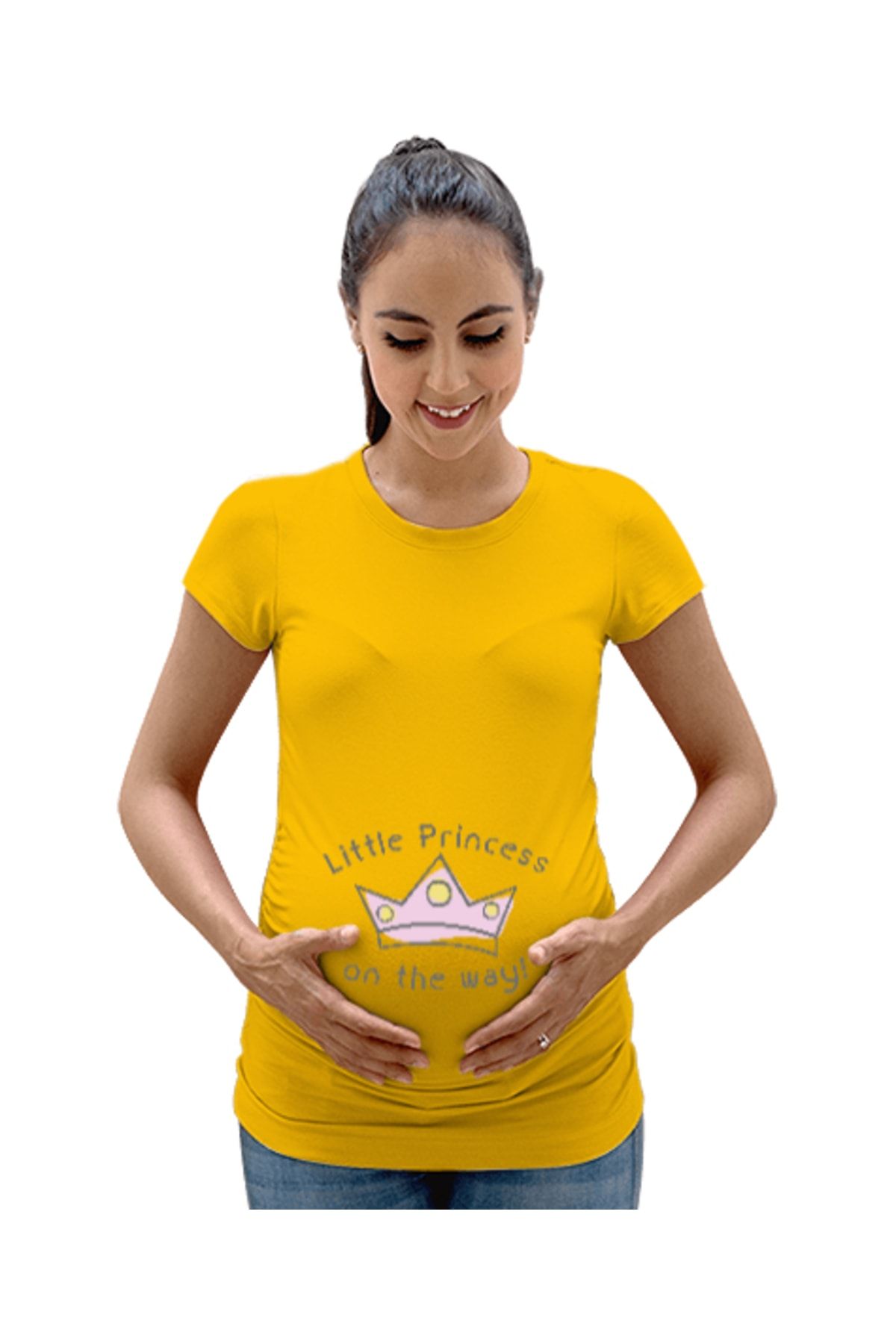Tisho Küçük Prenses Yolda - Little Princess On The Way Baskılı Sarı Kadın Hamile Tişört