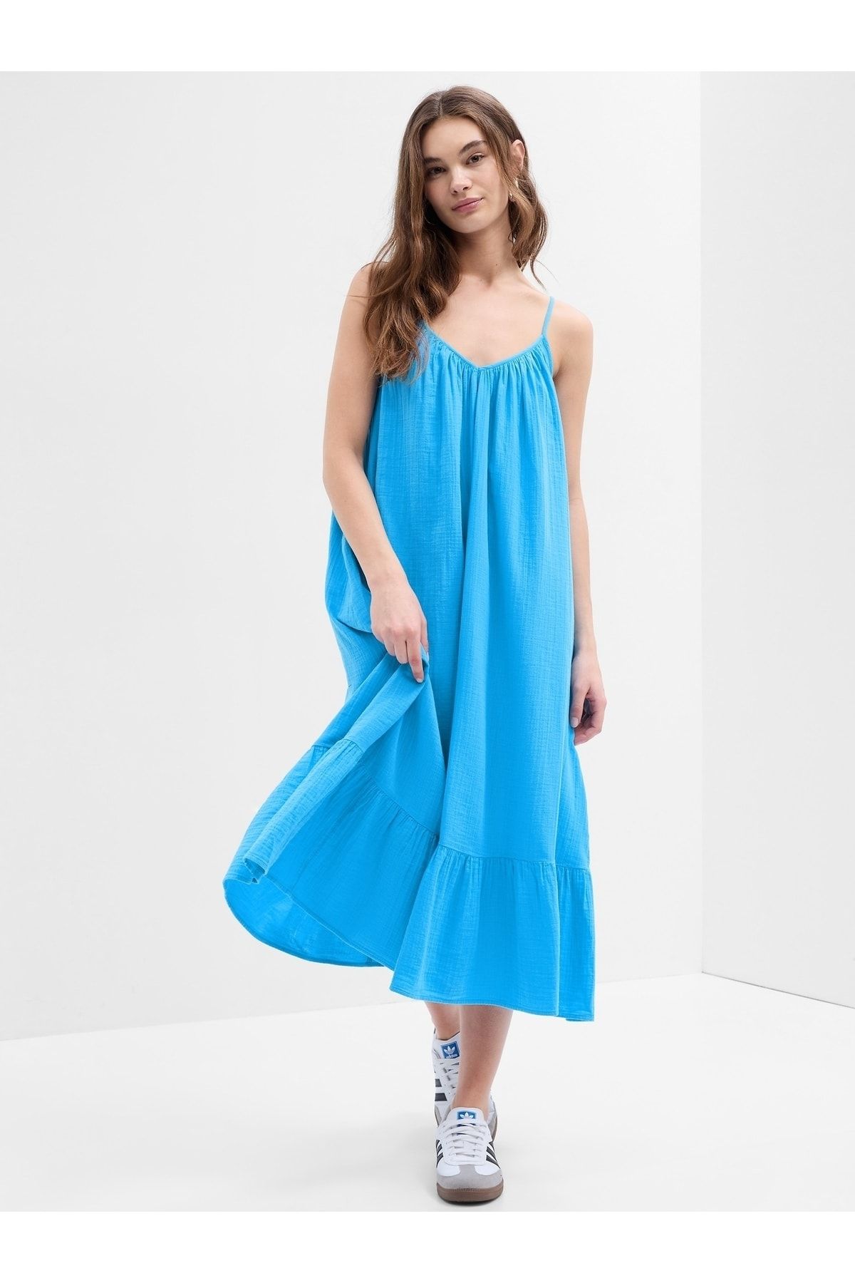 GAP Kadın Mavi Gauze Askılı Maxi Elbise