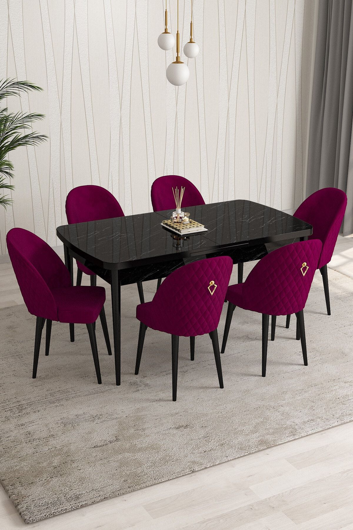 Rovena Modica Siyah Mermer Desen 80x132 Açılabilir Yemek Masası Takımı 6 Adet Sandalye