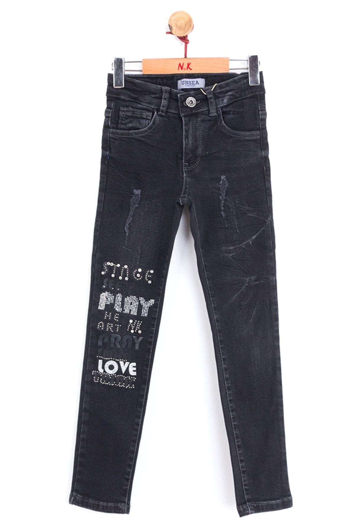 Nk Kids Kız Çocuk Play Taşlı Pamuk Cotton Siyah Renk Esnek Jean Kot Denim Pantolon