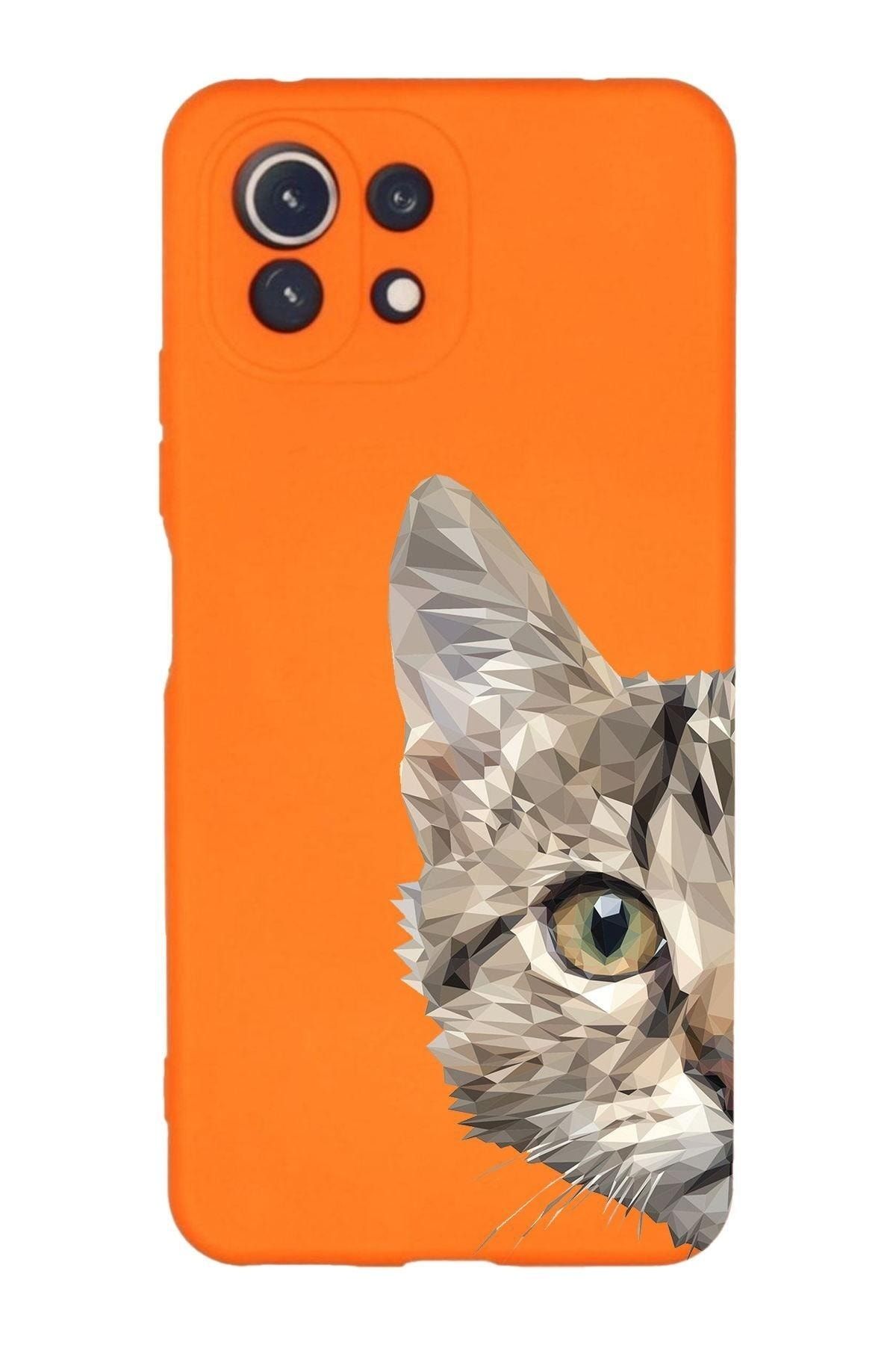 PrintiFy Xiaomi Mi 11 Lite Uyumlu Lansman Kılıf Catface Tasarımlı Içi Kadife Kapak-turuncu