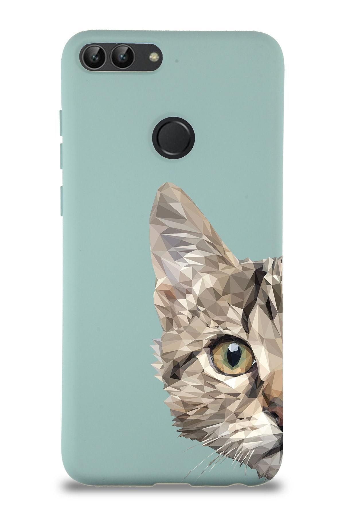 PrintiFy Huawei P Smart Uyumlu Lansman Kılıf Catface Tasarımlı Içi Kadife Kapak-turkuaz