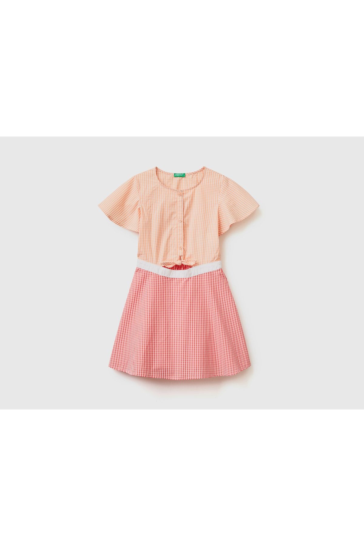 United Colors of Benetton Kız Çocuk Mix Önü Pencereli Renk Bloklu Vichy Poplin Elbise Yüz Baskılı