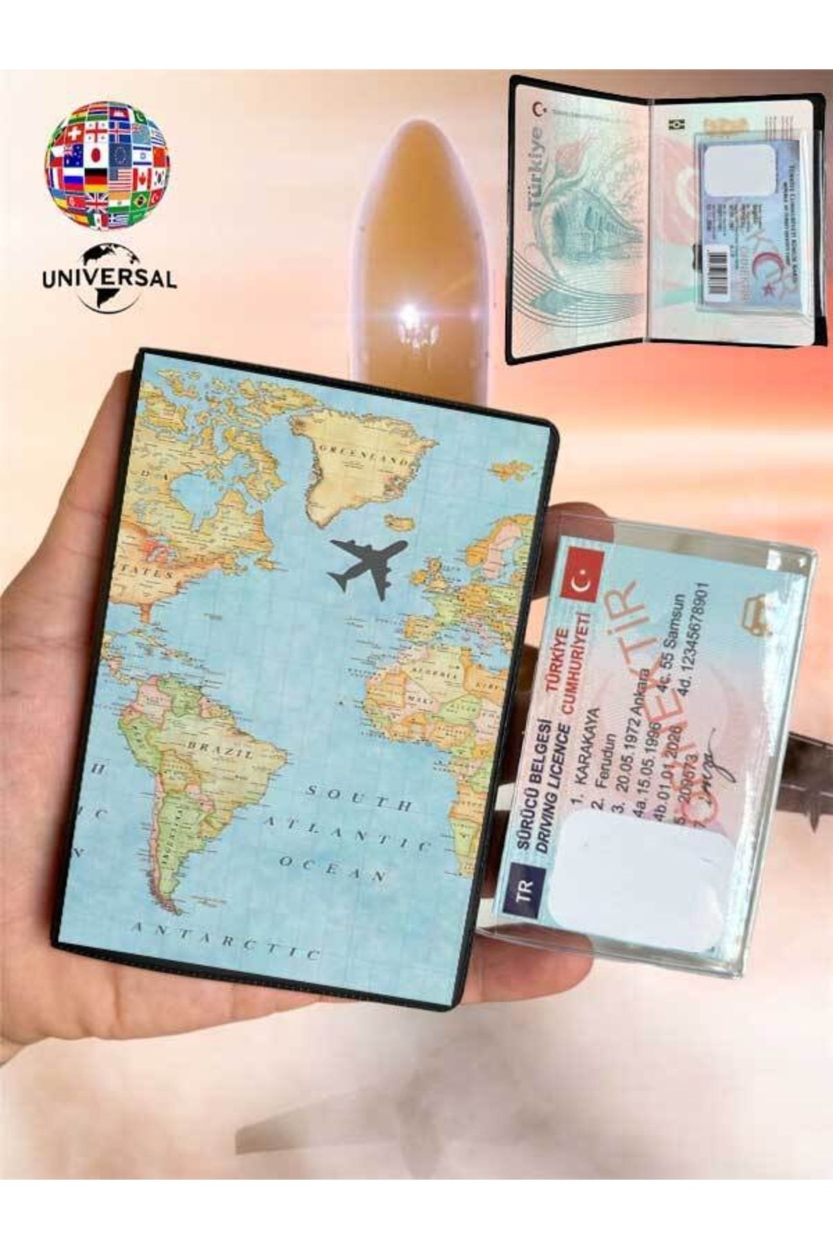 Cekuonline Harita Desenli Deri Pasaport Kılıfı Kabı Pürüzsüz Yüzey Tüm Ülke Pasaportlarına Uygun