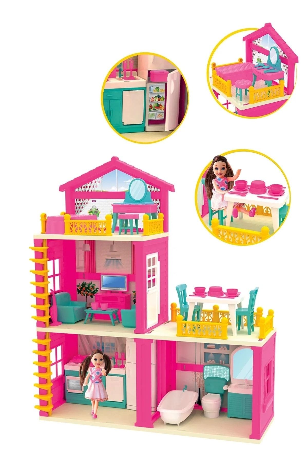 Fırsat Oyuncak Lola'nın Düşler Evi Aksesuarlı 3 Katlı 3 Odalı Balkonlu Barbie Chelsea Bebek Oyun Rüya Ev Seti
