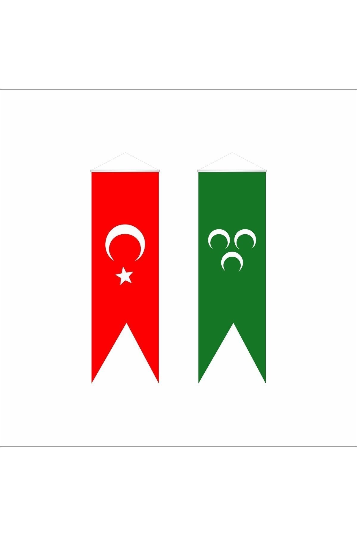 bayrakal  Osmanlı Yeşil 3 Hilal Ve Türk Kırlangıç Saten Bayrak 50x150cm.
