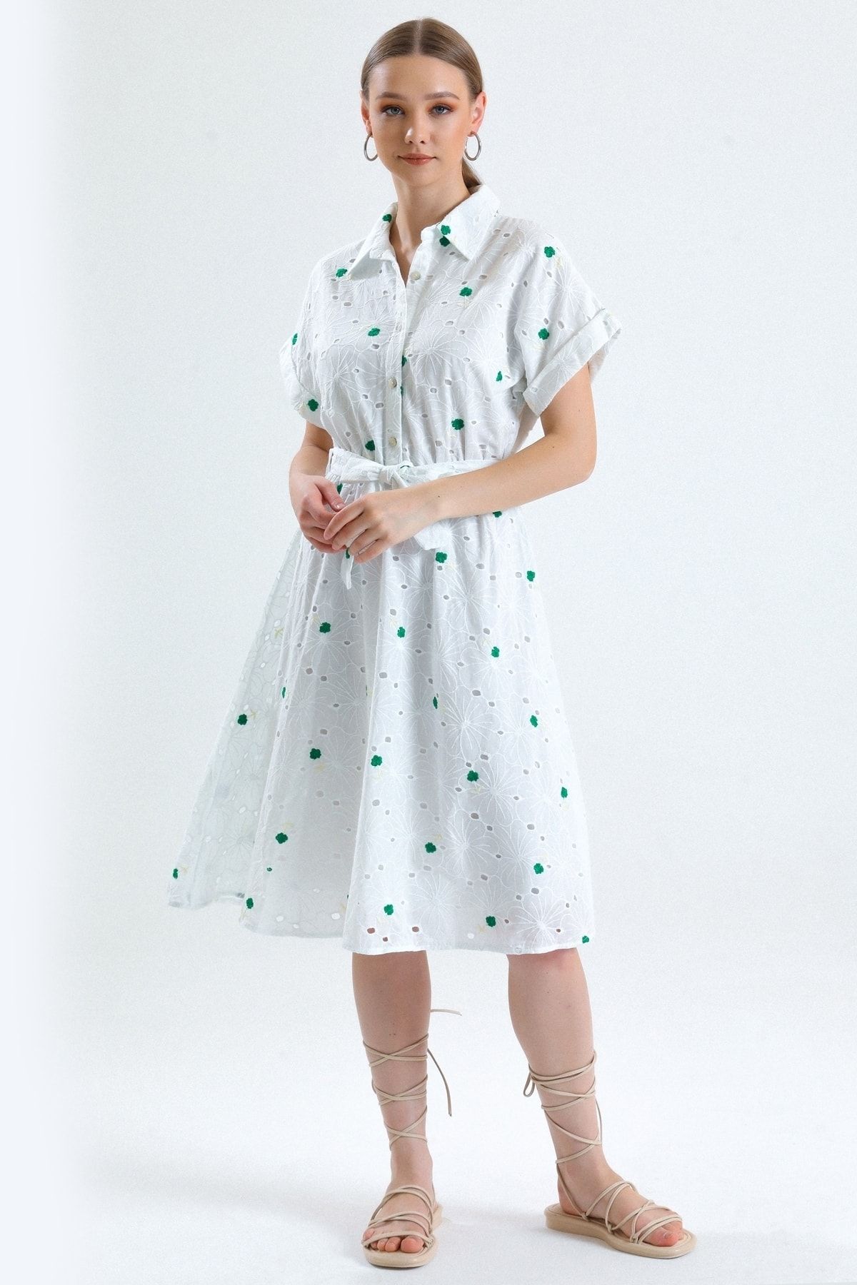 MD trend Kadın Yeşil Gömlek Yaka Kuşaklı Astarlı Kısa Kollu Çiçek Nakışlı Brode Elbise