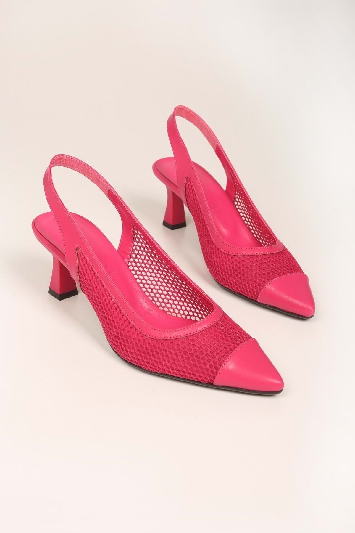 Shoeberry Kadın Rella Fuşya Fileli Topuklu Ayakkabı Stiletto
