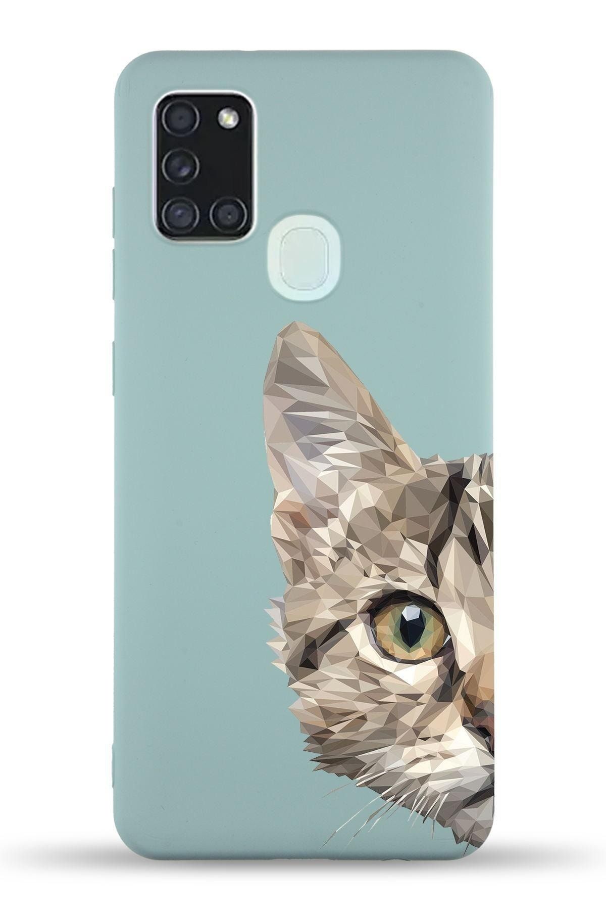 PrintiFy Samsung Galaxy A21s Uyumlu Lansman Kılıf Catface Tasarımlı Içi Kadife Kapak-turkuaz