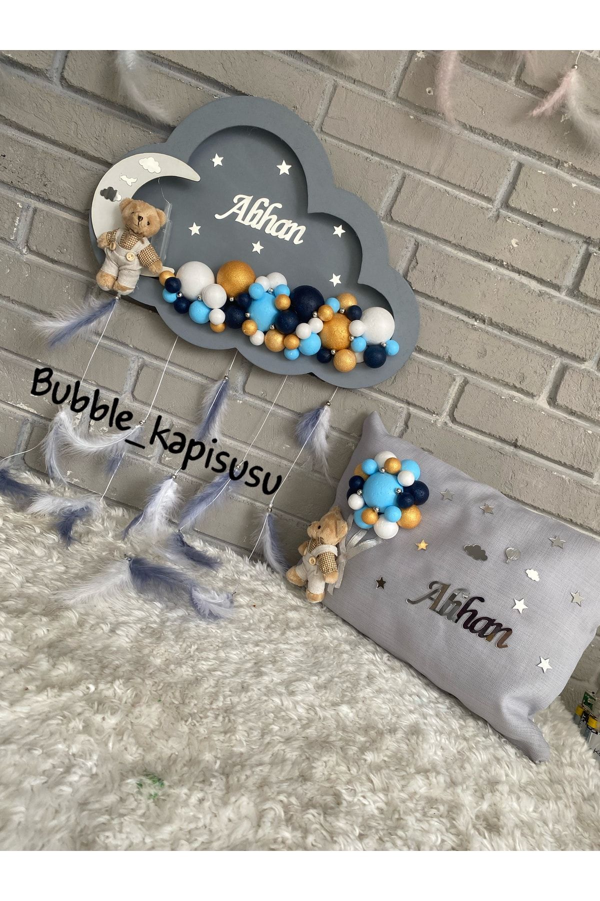 NeşeliAtölyem 45x30 Cm Ledli Bulut Bubble Bebek Kapı Süsü Yastık