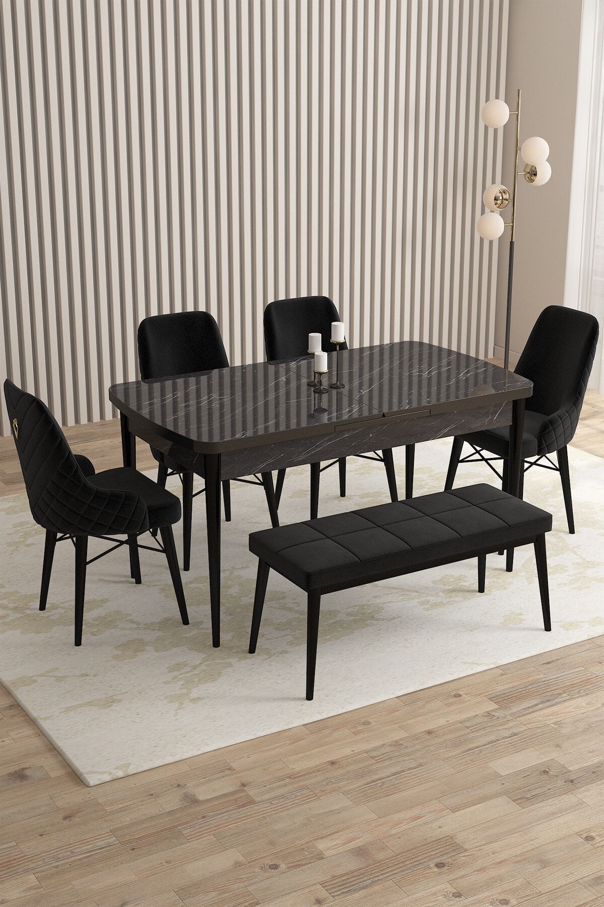 Rovena Queen Siyah Mermer Desen 80x132 Açılabilir Mutfak Masası Takımı 4 Sandalye, 1 Bench