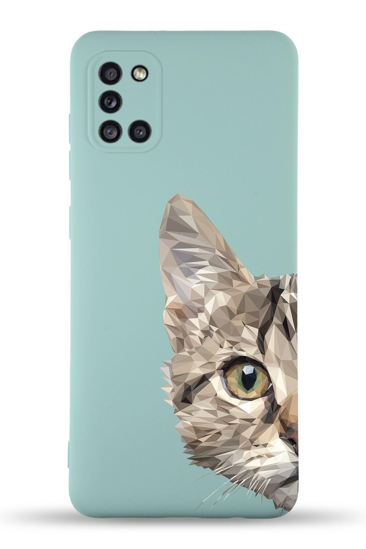 PrintiFy Samsung Galaxy A31 Uyumlu Lansman Kılıf Catface Tasarımlı Içi Kadife Kapak-turkuaz
