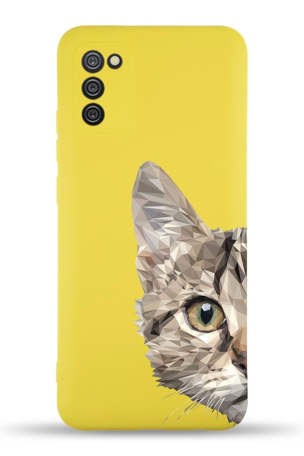 PrintiFy Samsung Galaxy A02s Uyumlu Lansman Kılıf Catface Tasarımlı Içi Kadife Kapak-sarı