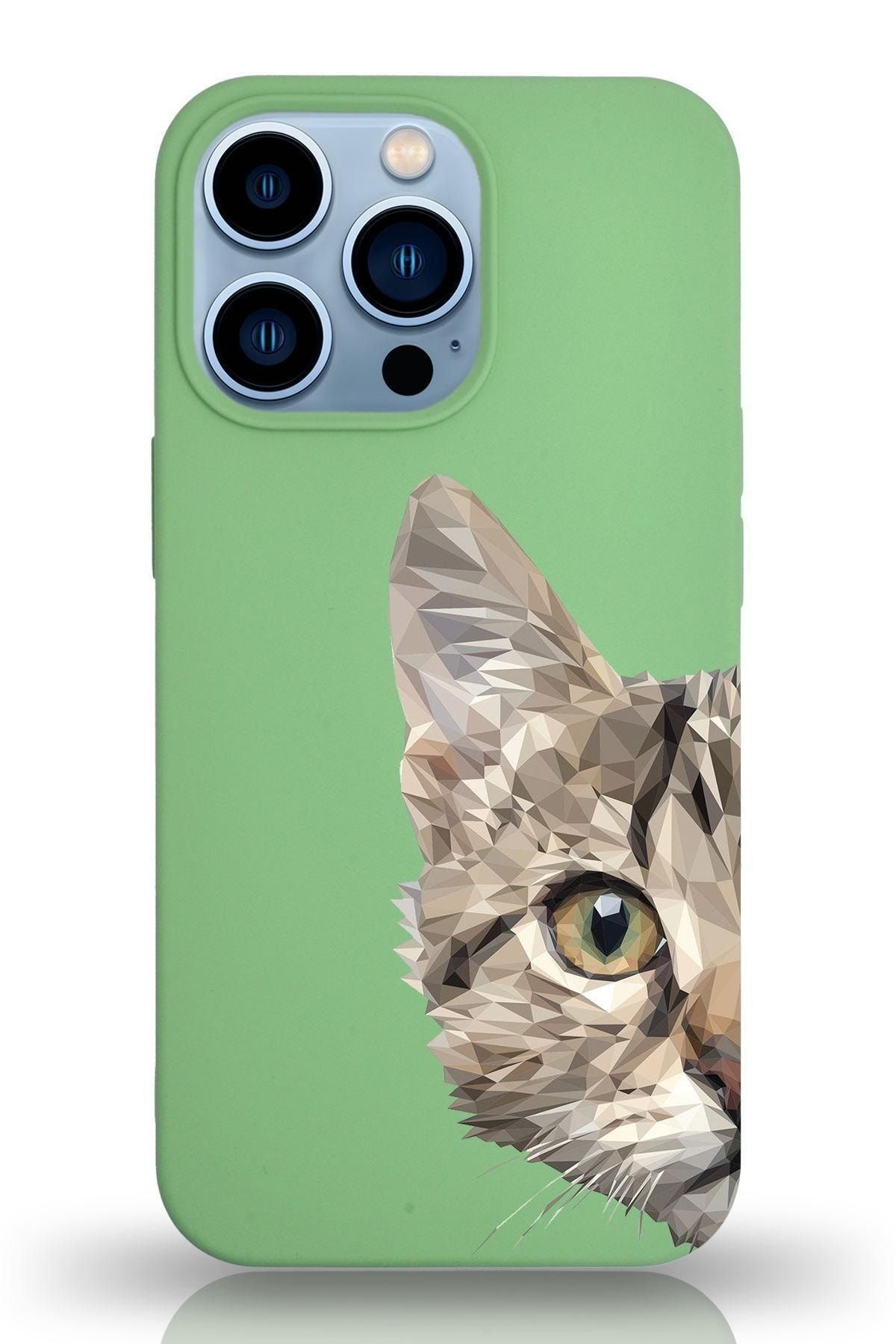 PrintiFy Apple Iphone 13 Pro Uyumlu Lansman Kılıf Catface Tasarımlı Içi Kadife Kapak-yeşil