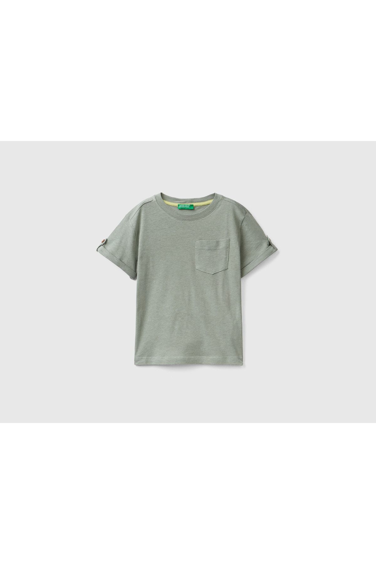 United Colors of Benetton Erkek Çocuk Haki Keten Karışımlı Cepli T-shirt Haki
