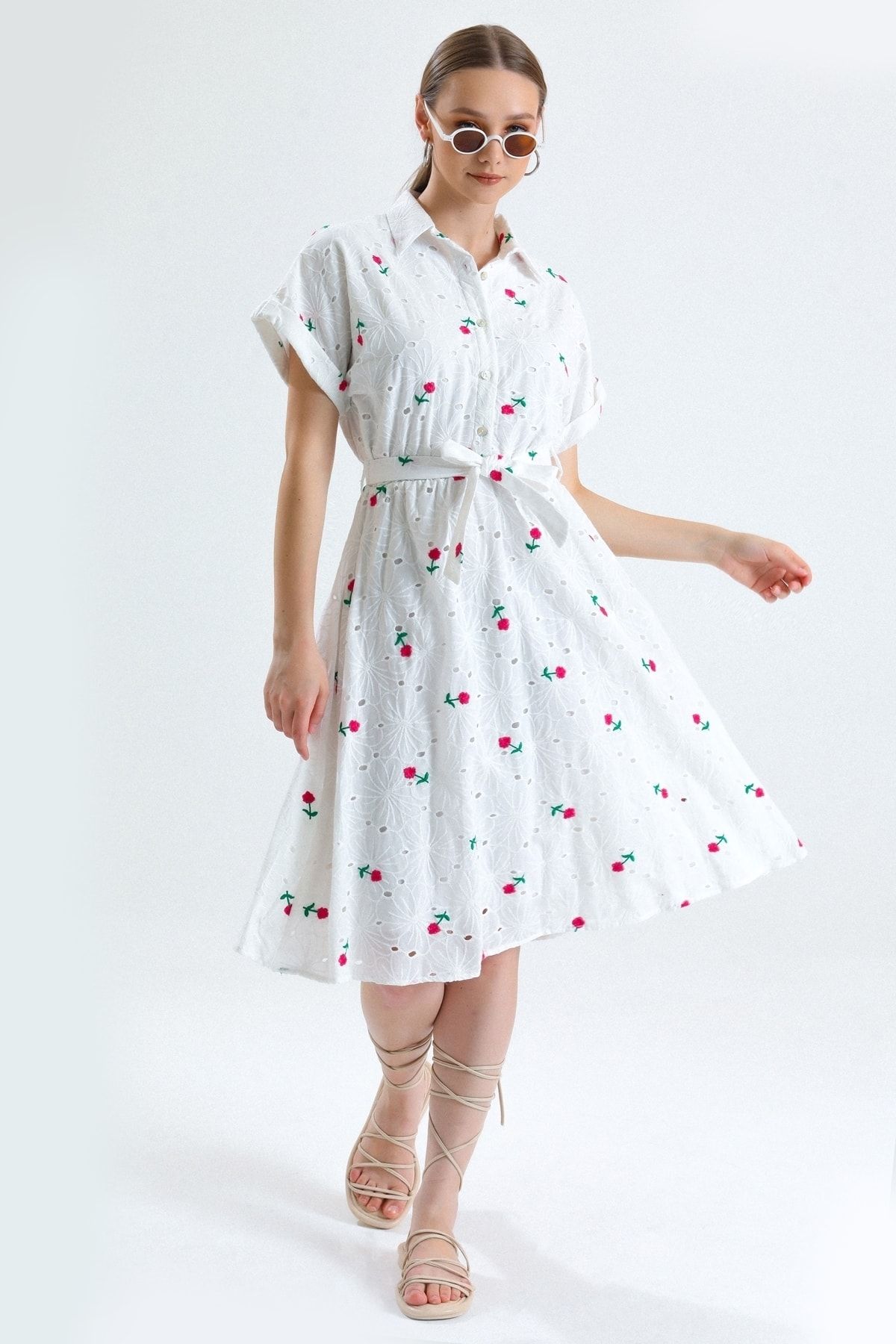MD trend Kadın Fuşya Gömlek Yaka Kuşaklı Astarlı Kısa Kollu Çiçek Nakışlı Brode Elbise