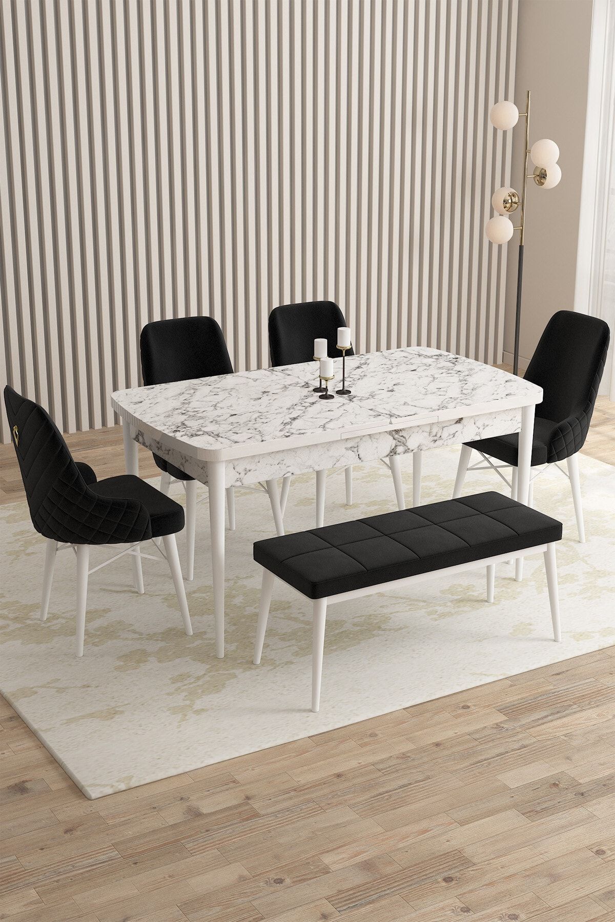 Rovena Queen Beyaz Mermer Desen 80x132 Açılabilir Mutfak Masası Takımı 4 Sandalye, 1 Bench