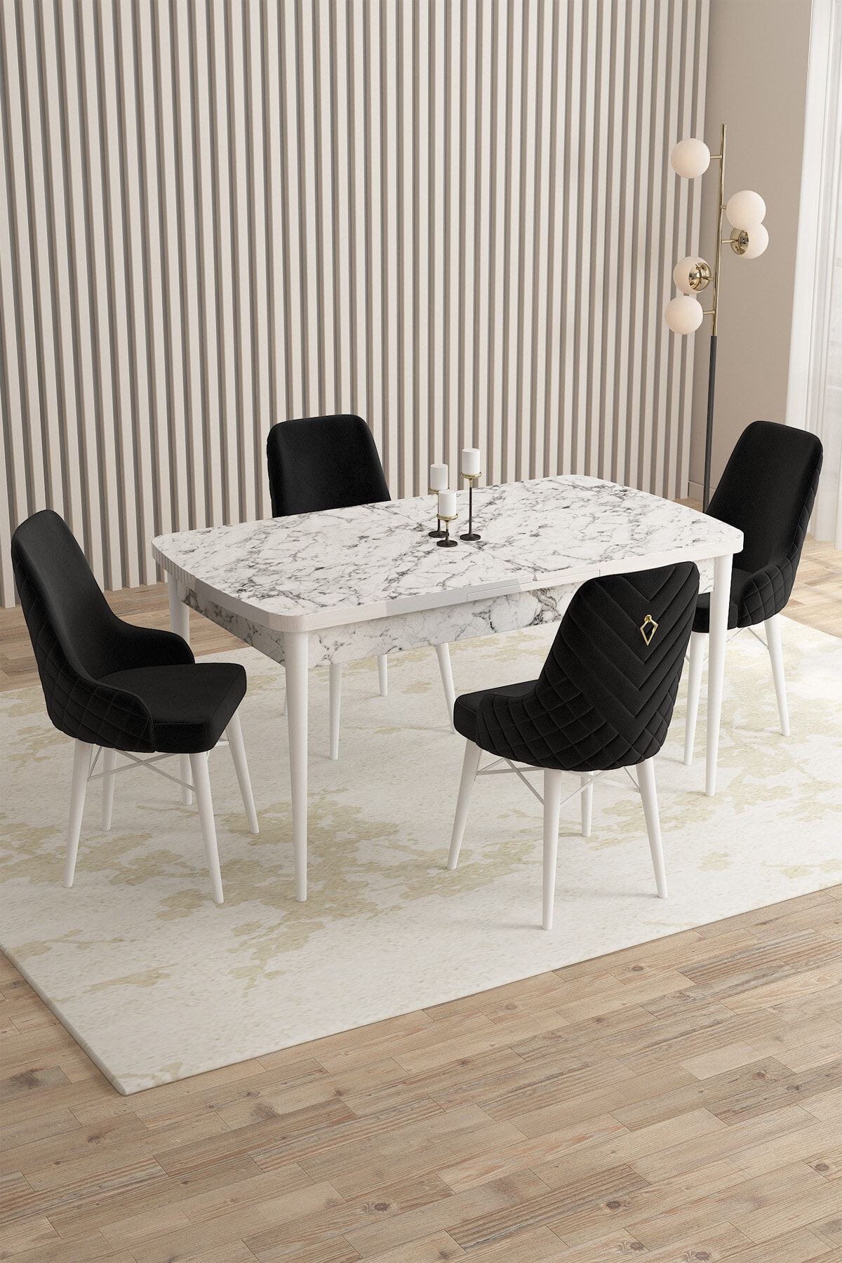 Rovena Queen Beyaz Mermer Desen 80x132 Açılabilir Mutfak Masası Takımı 4 Adet Sandalye