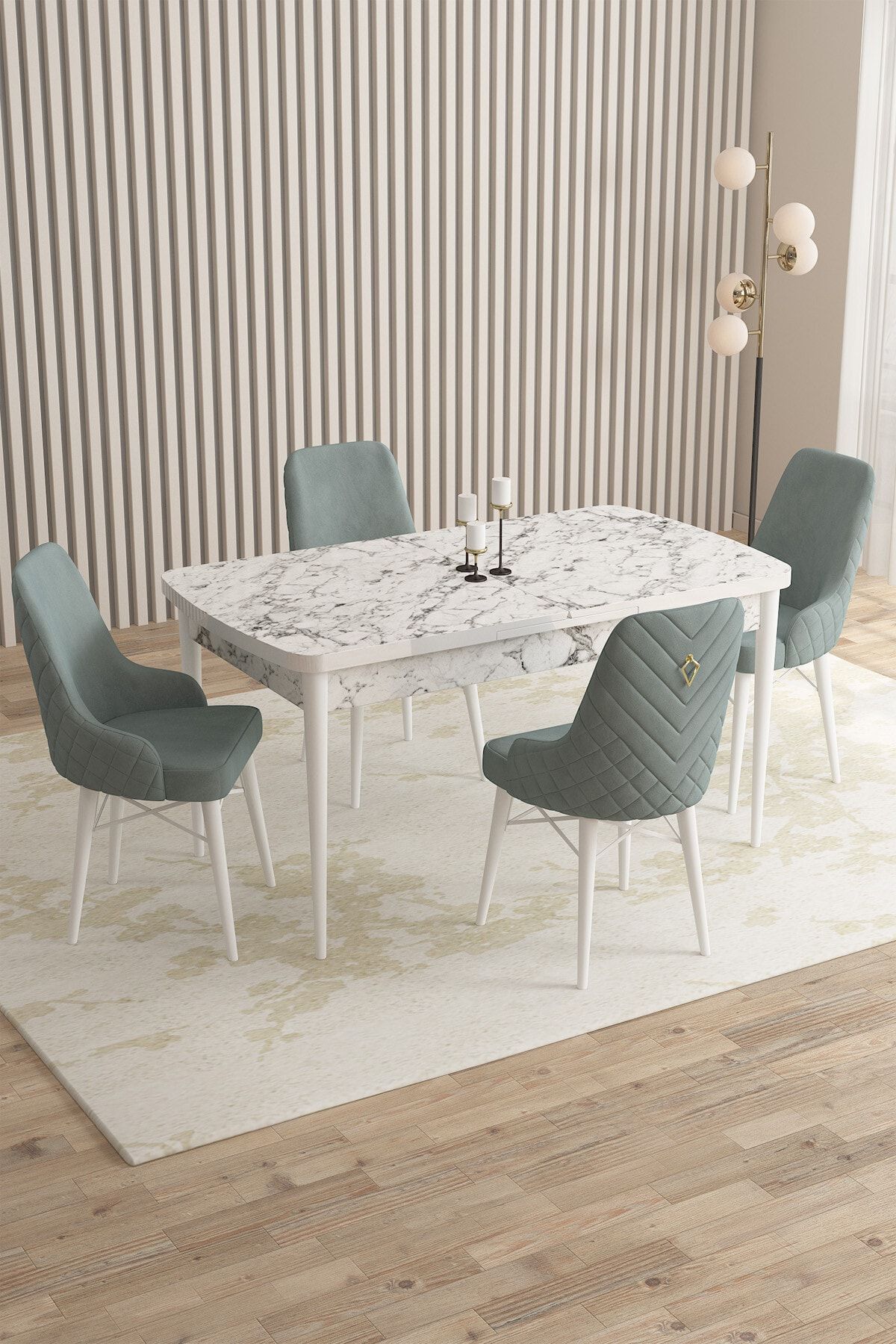 Rovena Queen Beyaz Mermer Desen 80x132 Açılabilir Mutfak Masası Takımı 4 Adet Sandalye