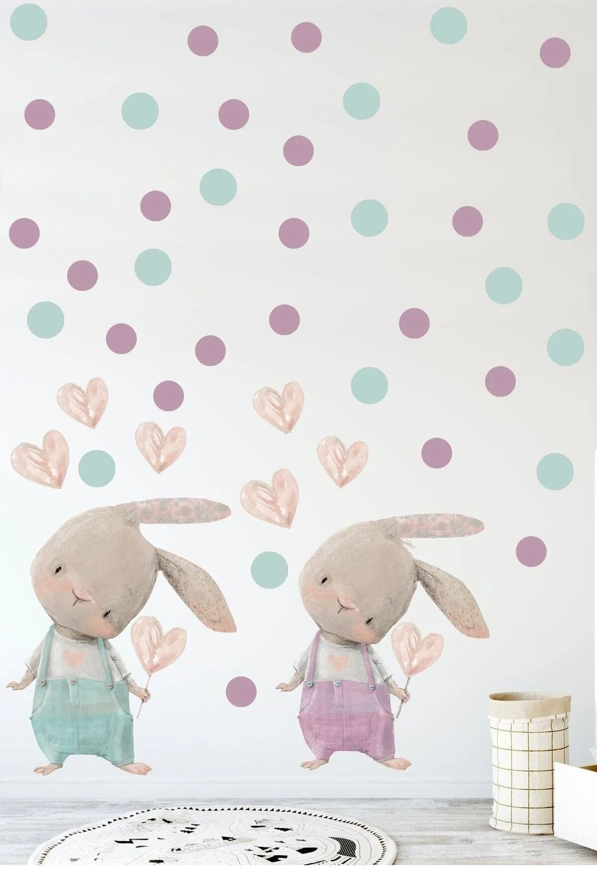Sim Tasarım Sevimli Kalpli Tavşan Pembe & Mavi Tulumlu Duvar Sticker Seti