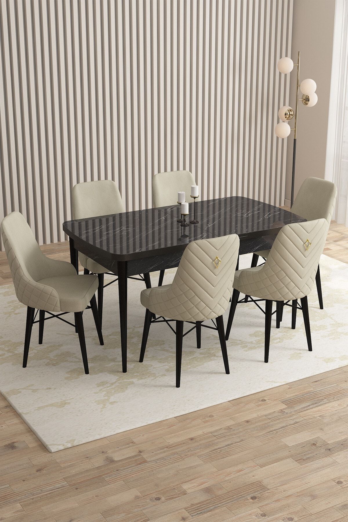 Rovena Queen Siyah Mermer Desen 80x132 Açılabilir Mutfak Masası Takımı 6 Adet Sandalye