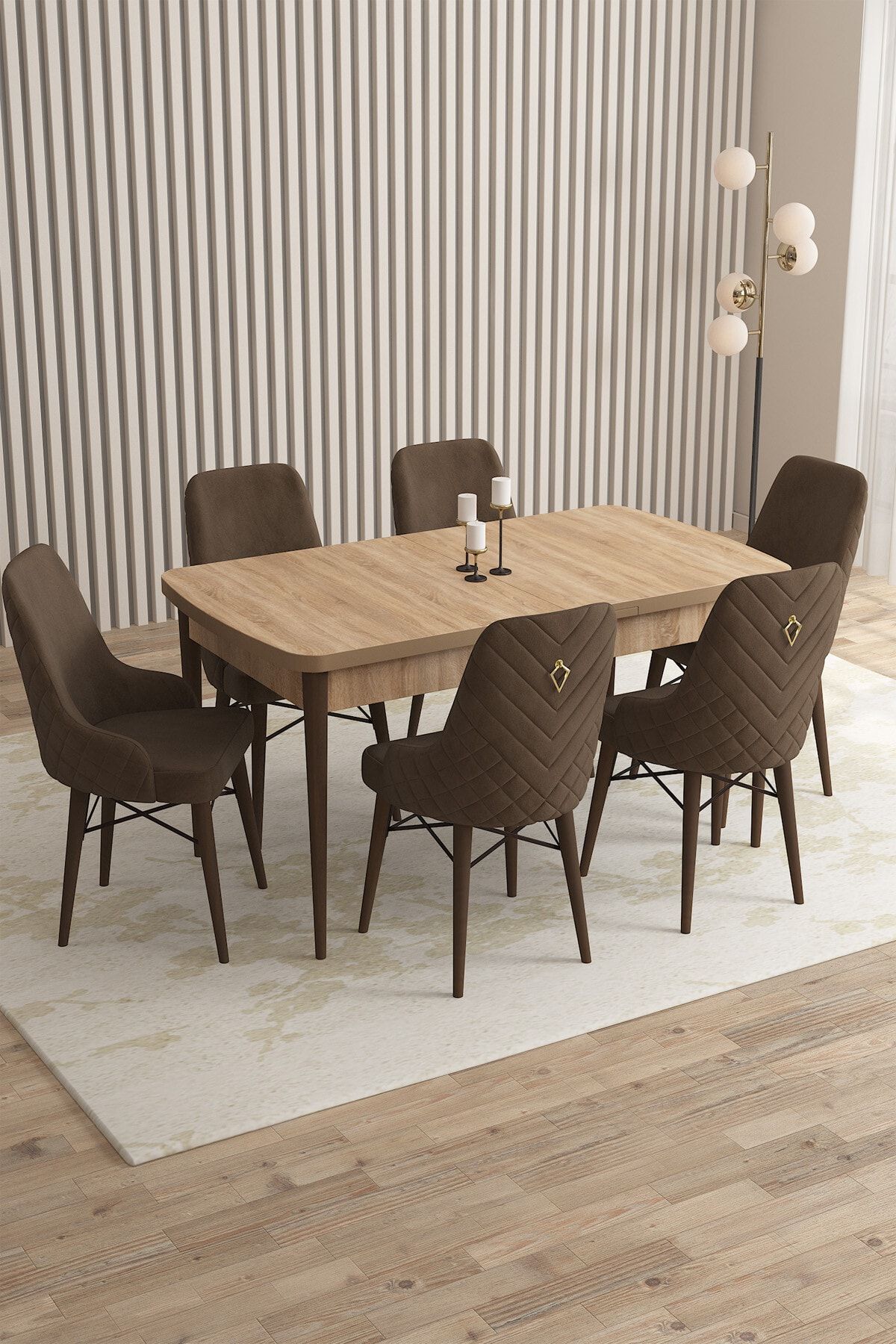 Rovena Queen Meşe Desen 80x132 Açılabilir Mutfak Masası Takımı 6 Adet Sandalye
