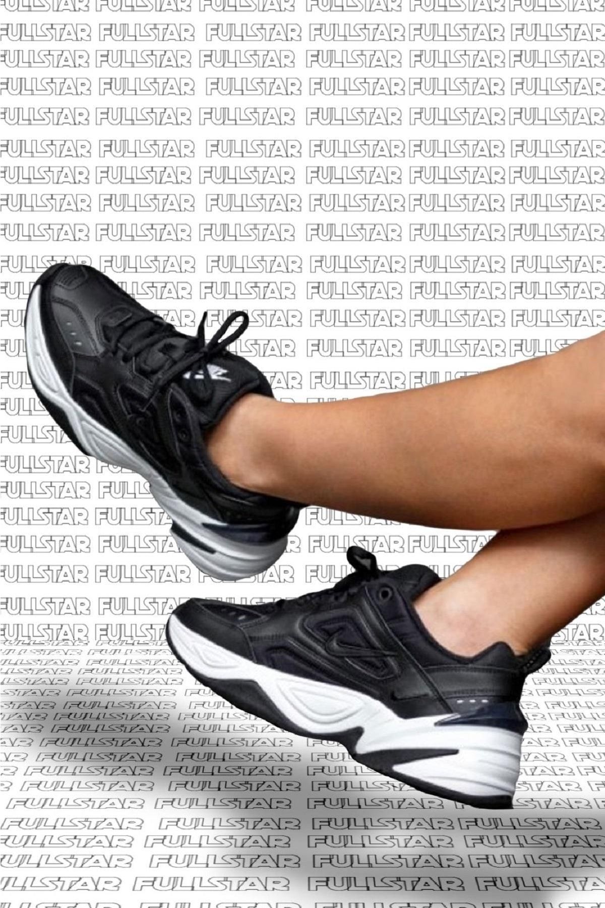 Nike M2k Tekno Leather Unisex Sneaker Hakiki Deri Spor Ayakkabı Siyah Yükseklik 4cm