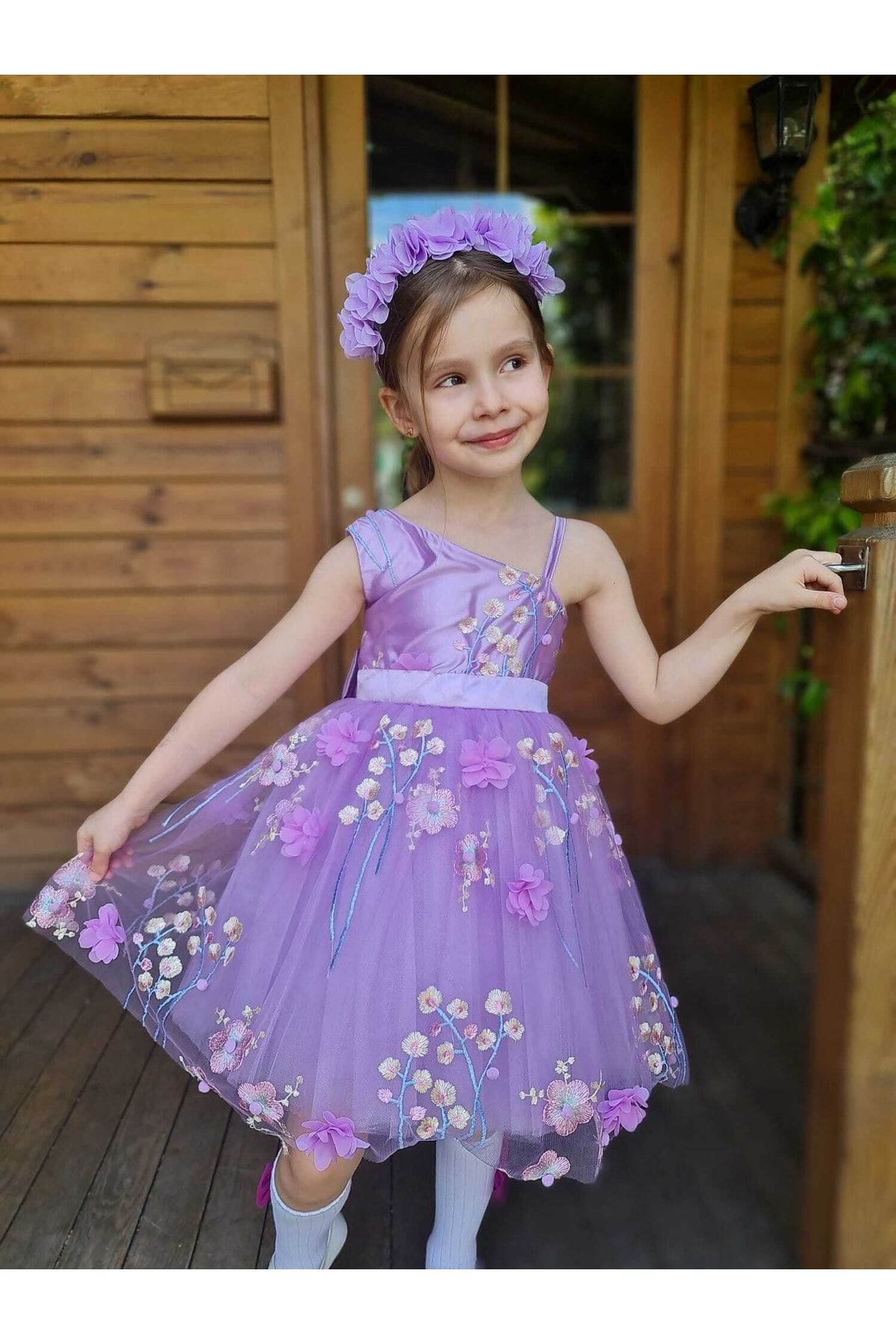 Sare Çocuk Giyim Kız Çocuk Tek Omuz Lila Çiçekli Tütü Abiye Elbise
