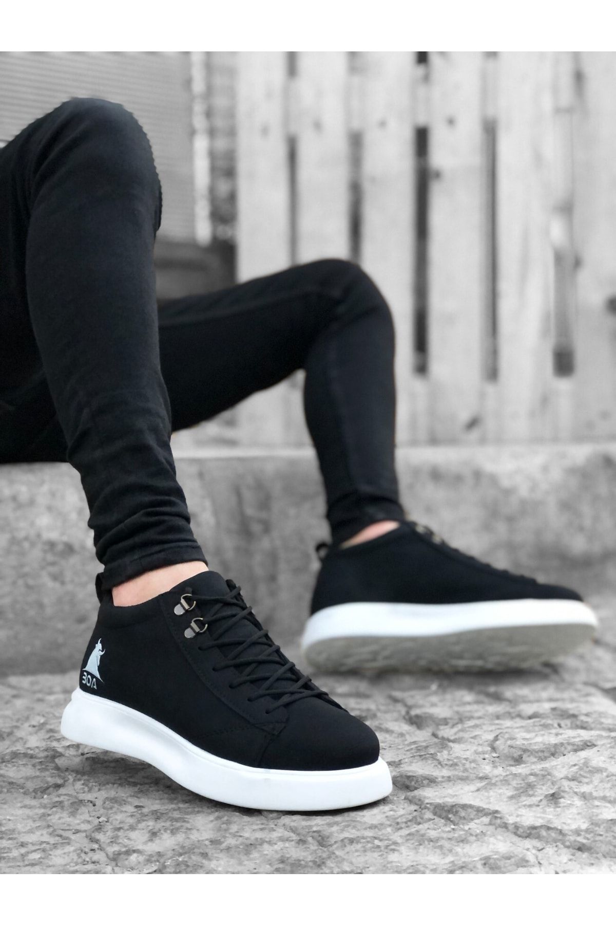 Genel Markalar Lisinya946 Bağcıklı Erkek Yüksek Taban Siyah Beyaz Taban Spor Ayakkabı