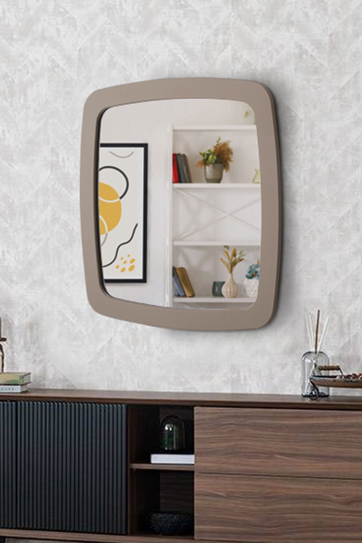 FAYMEND Dekoratif Mdf Çerçeveli Duvar Ayna - Salon Ayna - Banyo Ayna - Ofis Ayna '60cm Latte'