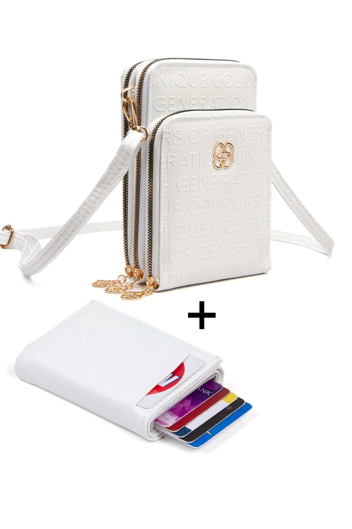 Adelina Bags Kadın Telefon Bölmeli Çapraz Ayarlanabilir Askılı Beyaz Çanta Ve Mekanizmalı Cüzdan Seti
