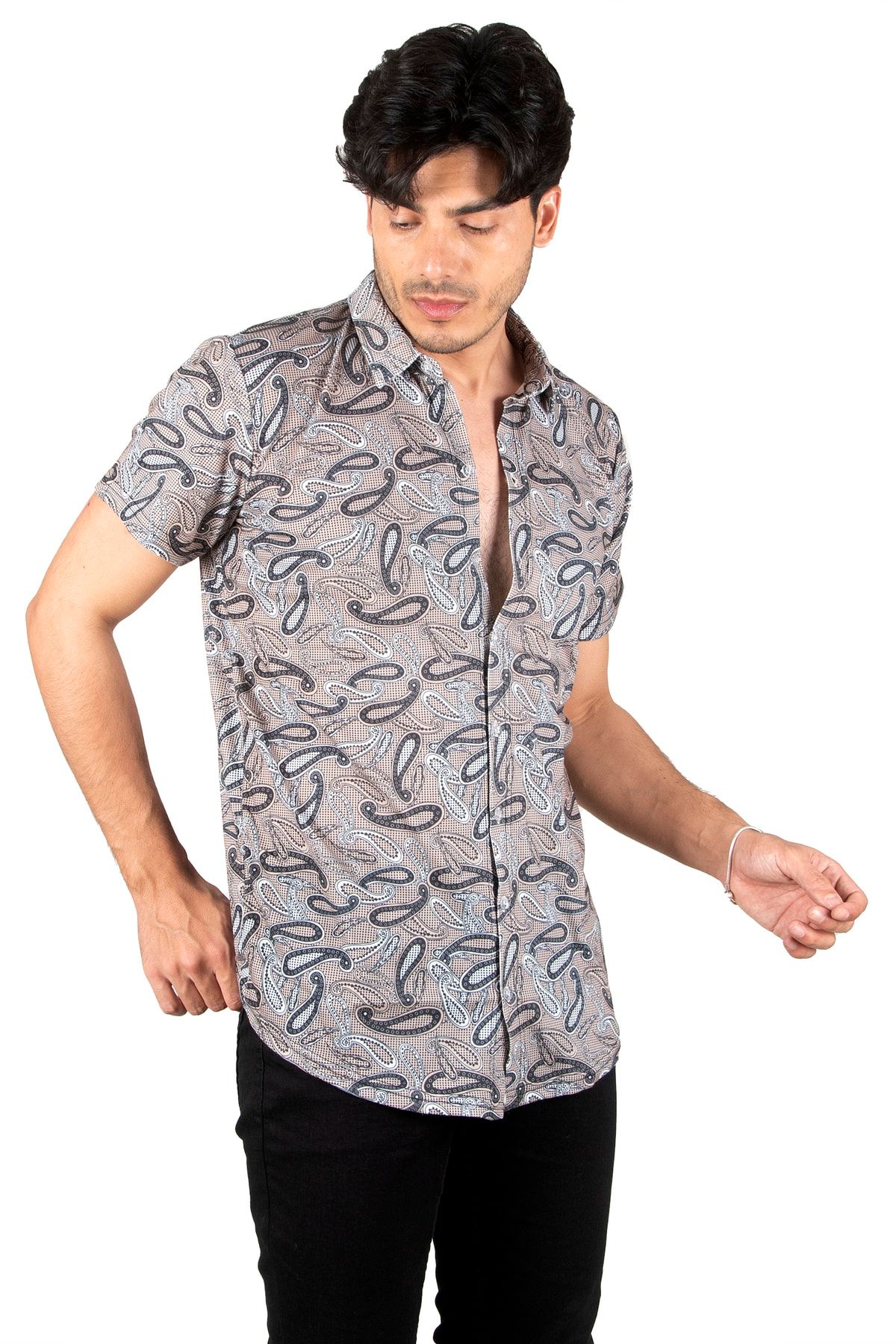 DeepSea Erkek Bej Dijital Baskılı Örme Kumaş Likralı Penye Gömlek 2306014