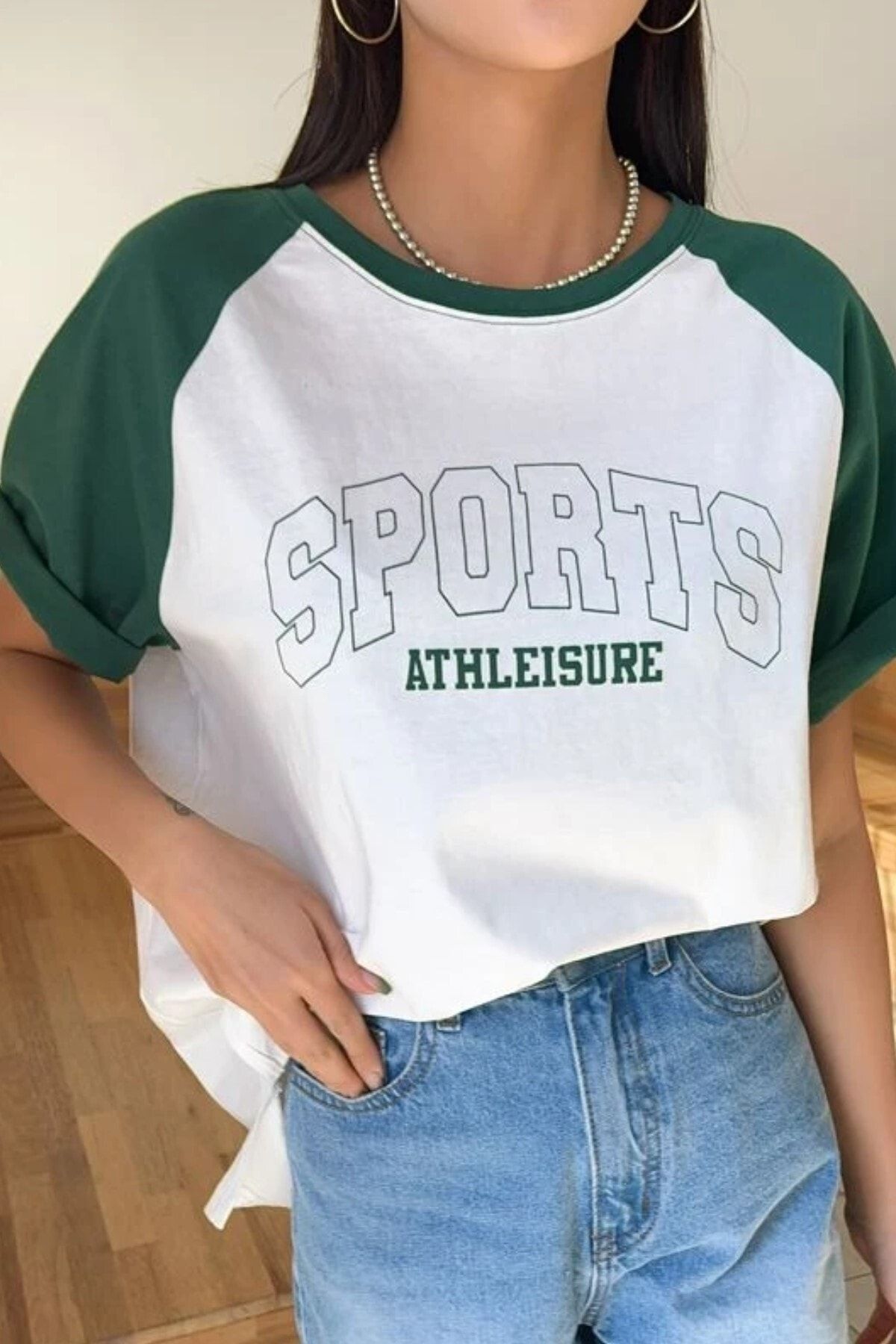 Know Kadın Pamuk Beyaz Kolları Yeşil Sports Baskılı Bisiklet Yaka Oversize Boyfriend T-shirt