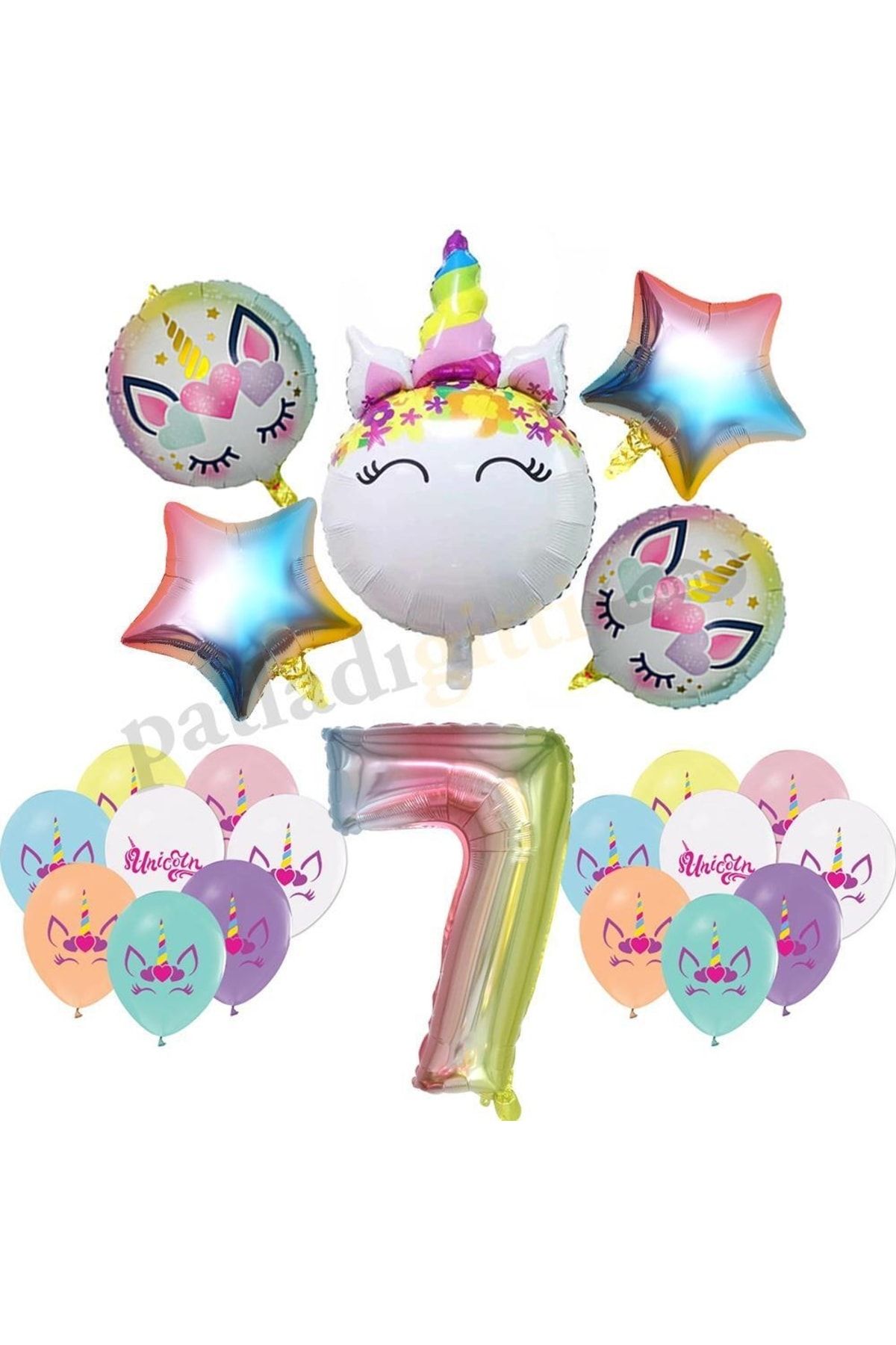 Patladı Gitti 7 Yaş Gökkuşağı Konsepti Unicorn Temalı Doğum Günü Parti Kutlama Seti