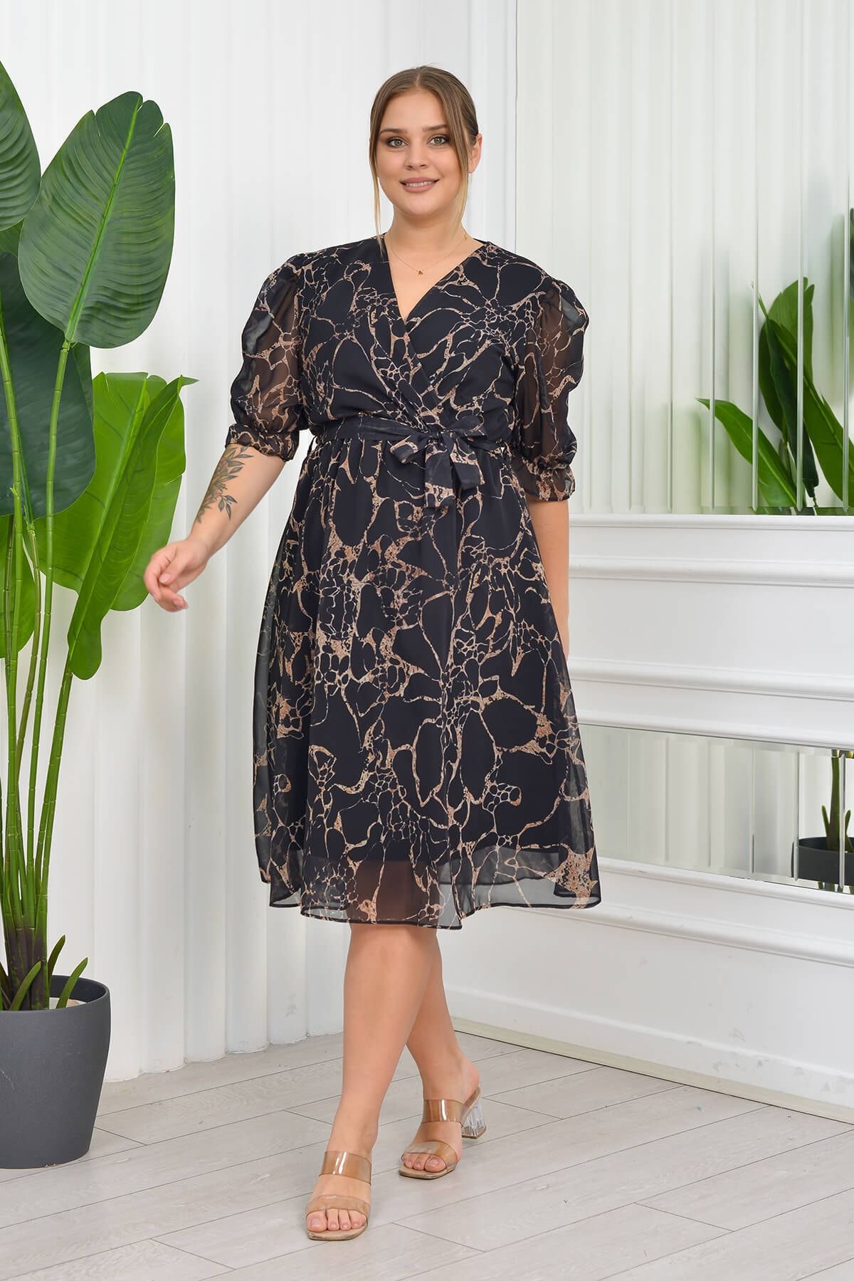 Neşeli Butik Kadın Büyük Beden Mermer Desenli Şifon Elbise Ry8063