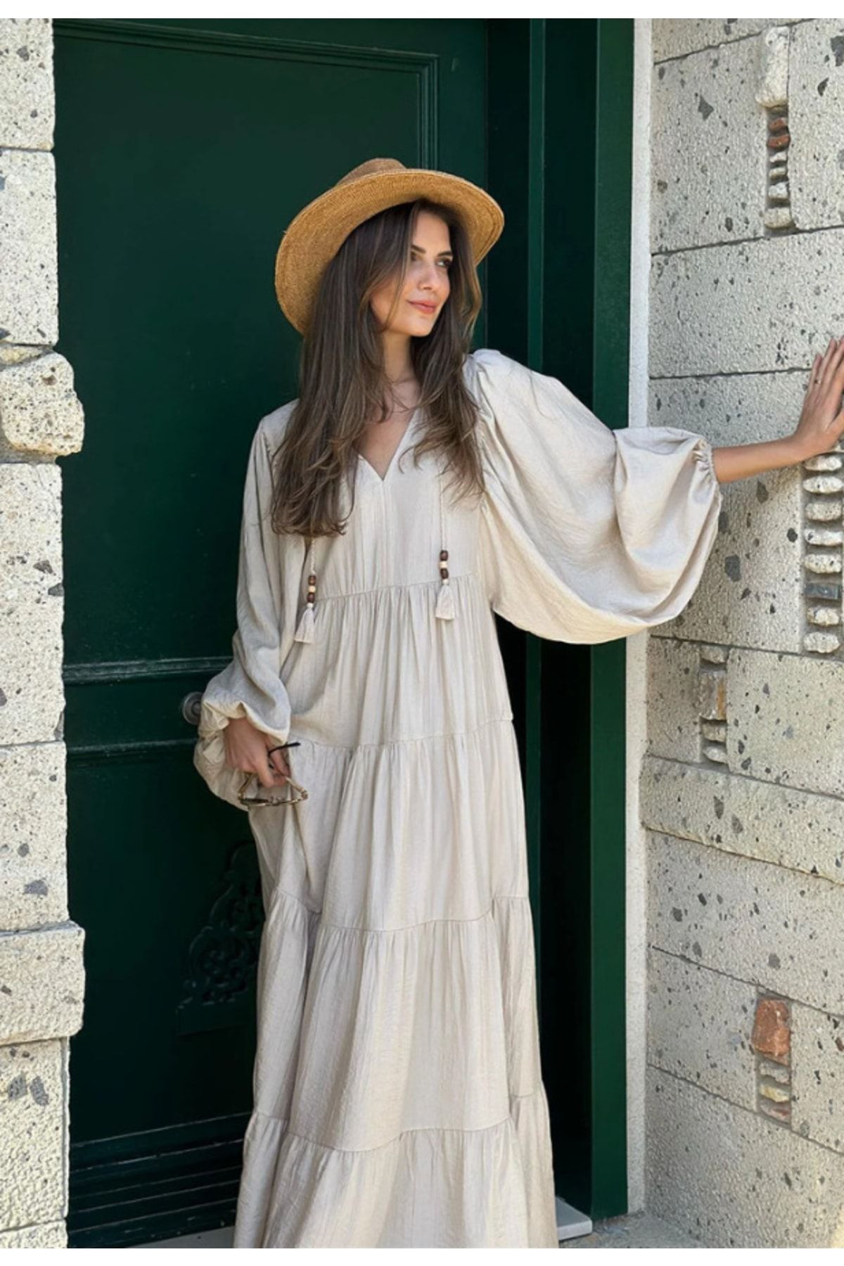 Lavanta Tekstil Kadın Bohem Boncuk Püsküllü Salaş Elbise