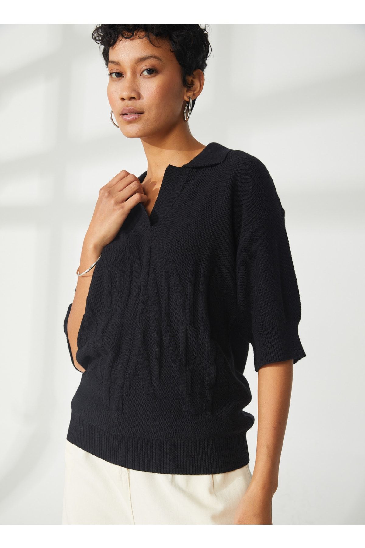 Armani Exchange Polo Yaka Düz Siyah Kadın T-shirt 3rym1e