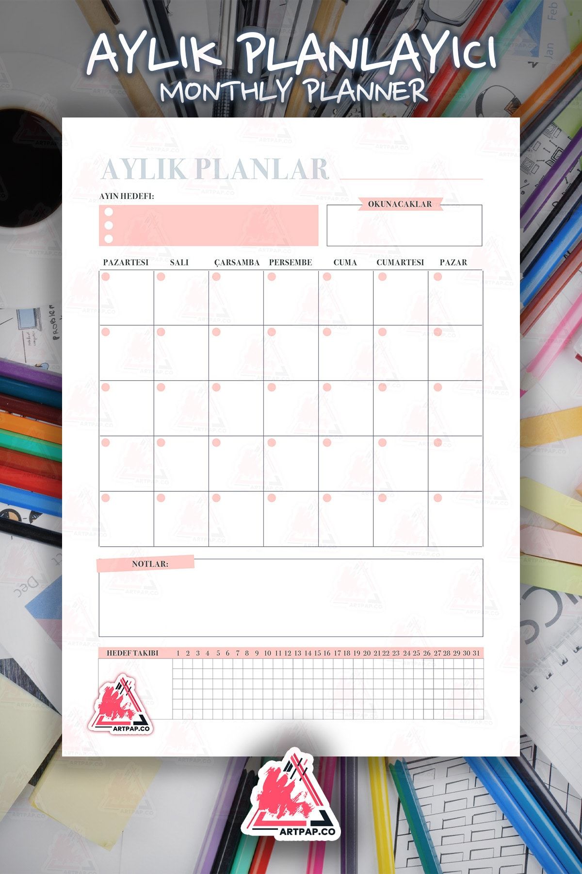 artpap Aylık Hatırlatıcı Planlayıcı | Monthly Planner , Günlük, Haftalık Ajanda, Defter | A5 50syf 15*21cm