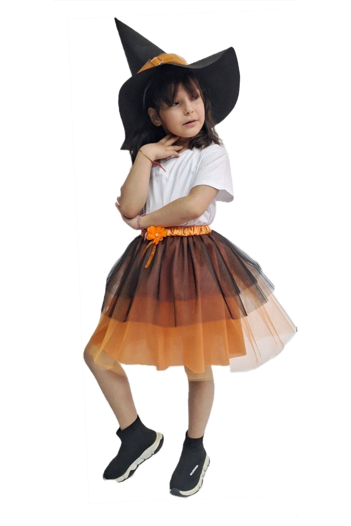 HEPSİMİNNAK Kız Çocuk Siyah Turuncu Cadılar Bayramı Hallowen Tütü Etek ve Şapka 2'li Takım Parti