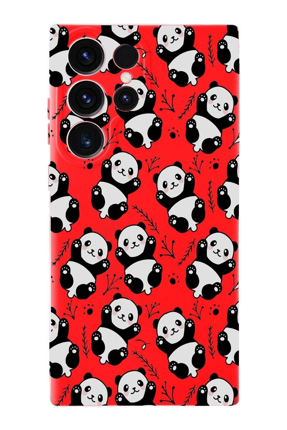 PrintiFy Samsung Galaxy S23 Ultra Uyumlu Lansman Kılıf Panda Tasarımlı Içi Kadife Kapak-kırmızı