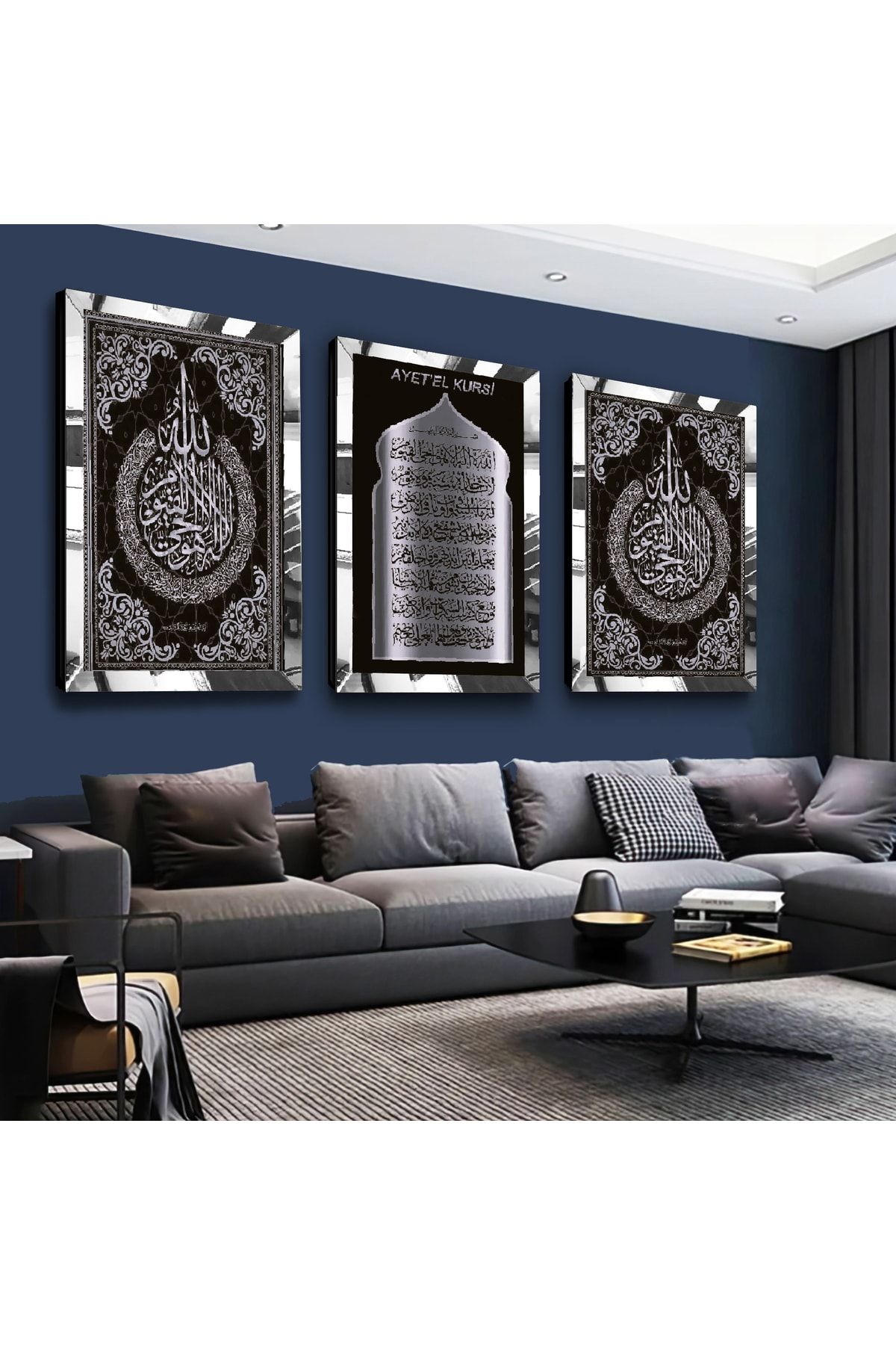 Zevahir Mobilya Dekorasyon Ayetel Kürsi Ve Allah Lafzı Gümüş Pleksi Kenar 3'lü Mdf Tablo Seti