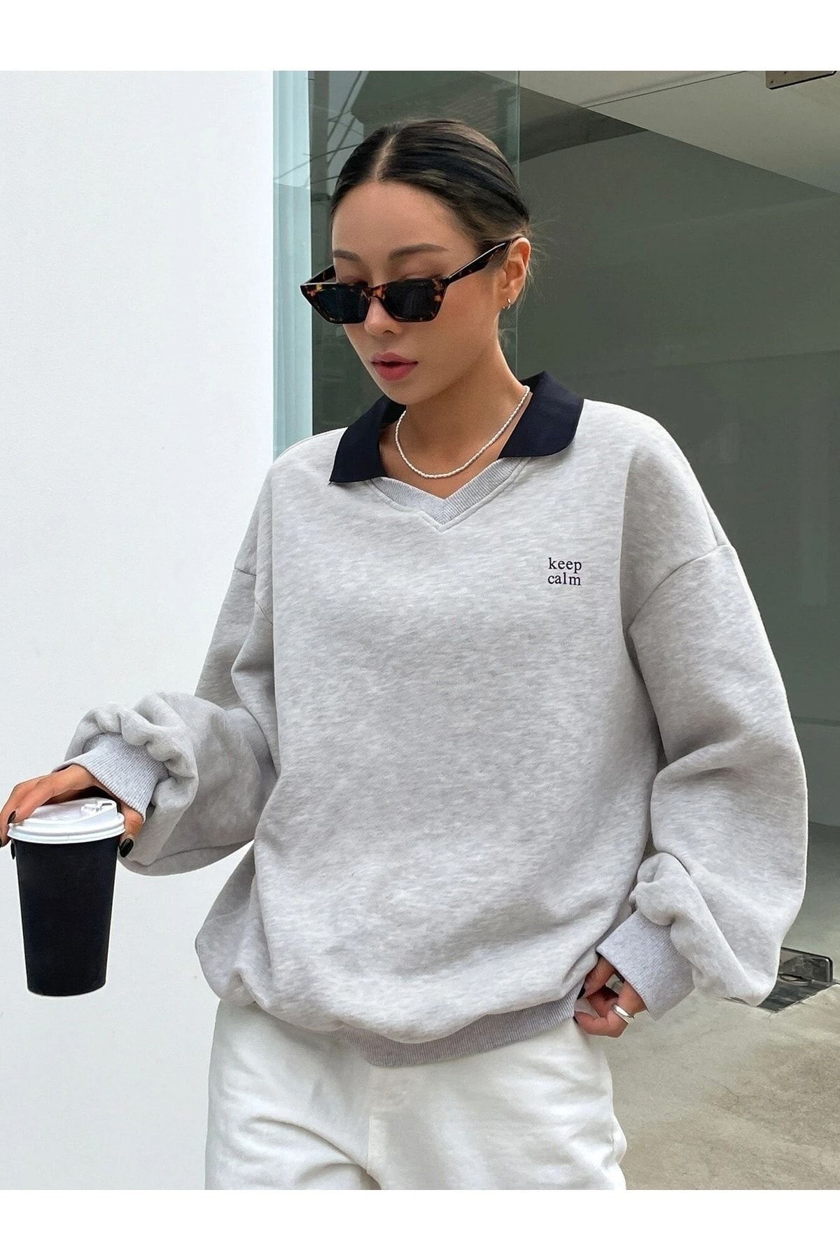 Trendseninle Kadın Gri Keep Calm Baskılı Oversize Yakalı Sweatshirt