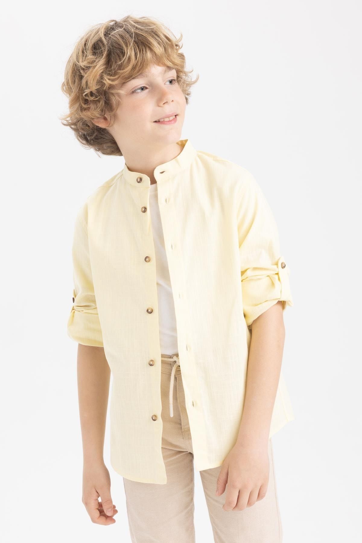 Defacto Erkek Çocuk Dik Yaka Keten Görünümlü Uzun Kollu Gömlek Z1035a623sm