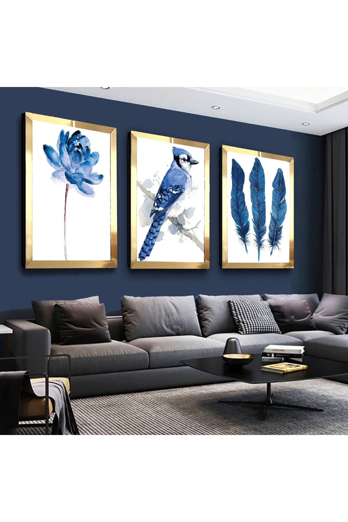 Zevahir Mobilya Dekorasyon Mavi Renk Kuş Çiçek Gold Pleksi Kenar 3'lü Mdf Tablo Seti