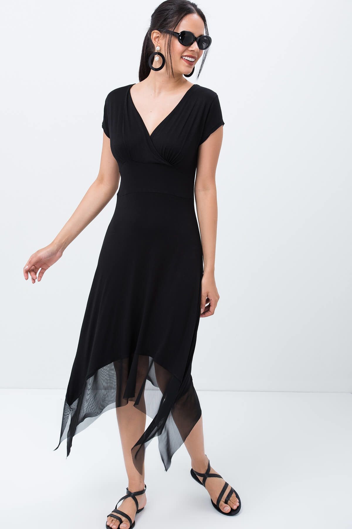 Cool & Sexy Kadın Siyah Eteği Tüllü Asimetrik Elbise BK192