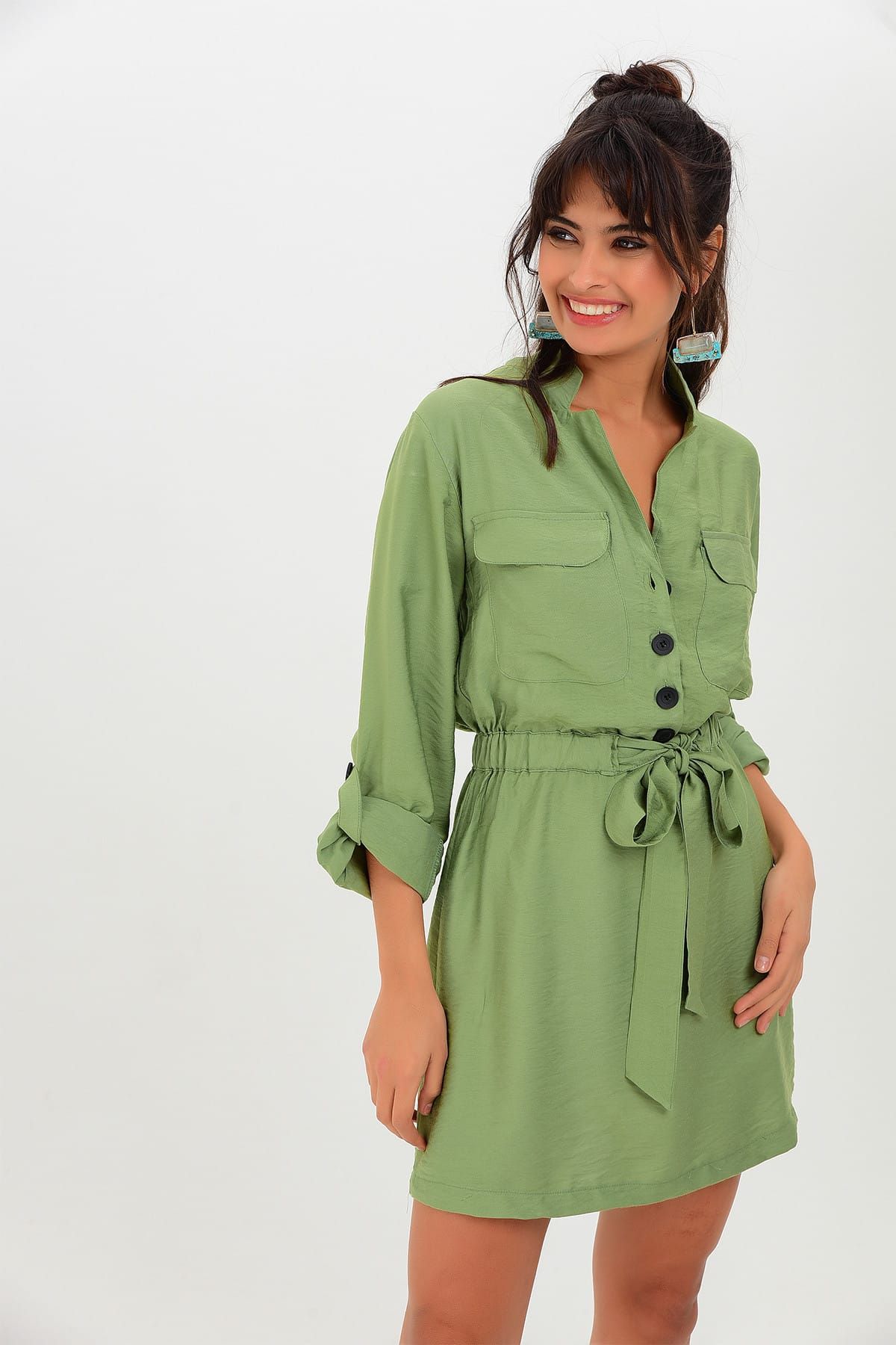 Cool & Sexy Kadın Yeşil Düğmeli Elbise SF11151