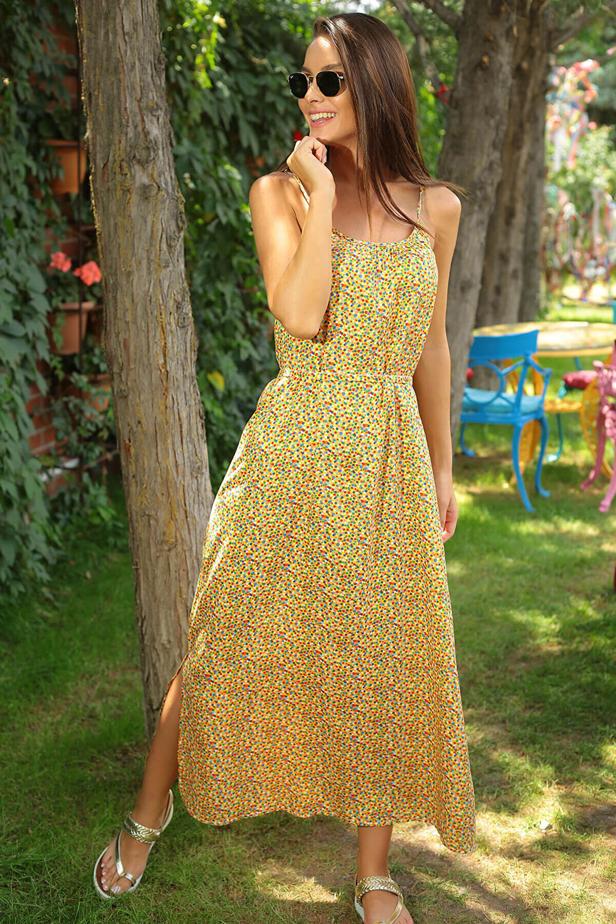 By Saygı Kadın Sarı İp Askılı Kuşaklı Benekli Uzun Elbise Sarı S-18Y1010298