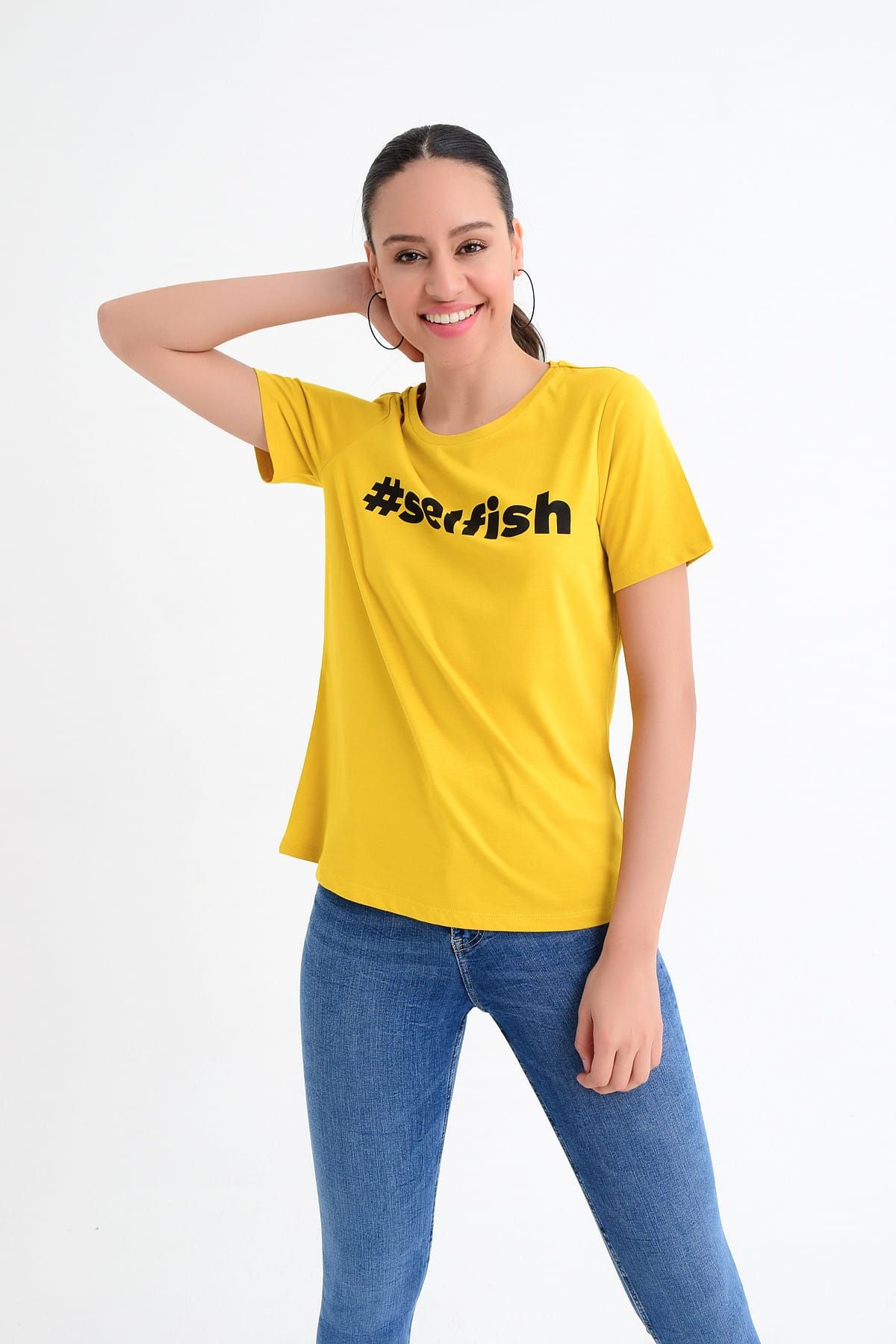 Hanna's Kadın Sarı Selfish Baskılı Basic Tshirt Hn1777