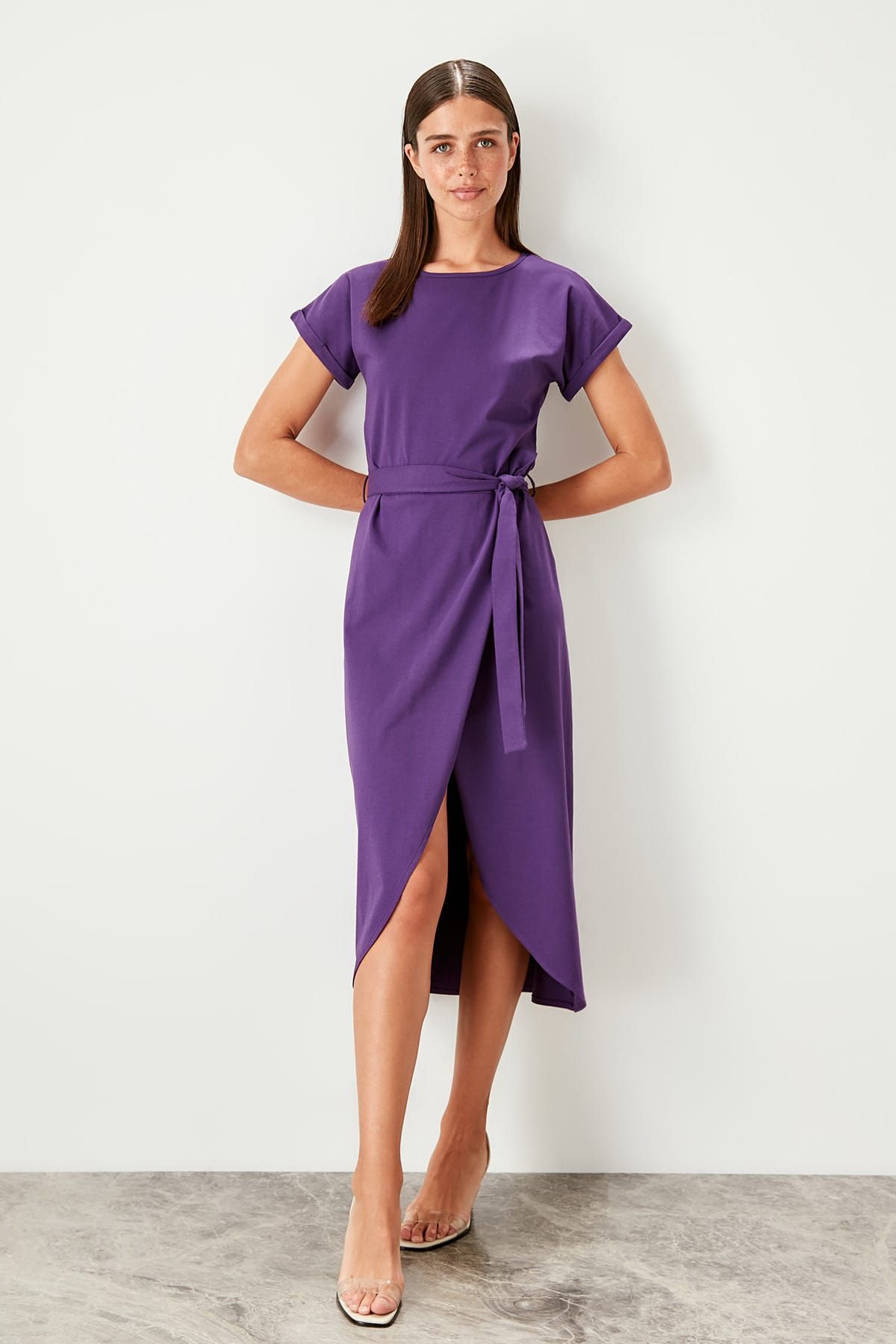 TRENDYOLMİLLA Mor Bağlama Detaylı Örme Elbise TWOSS19VG0159